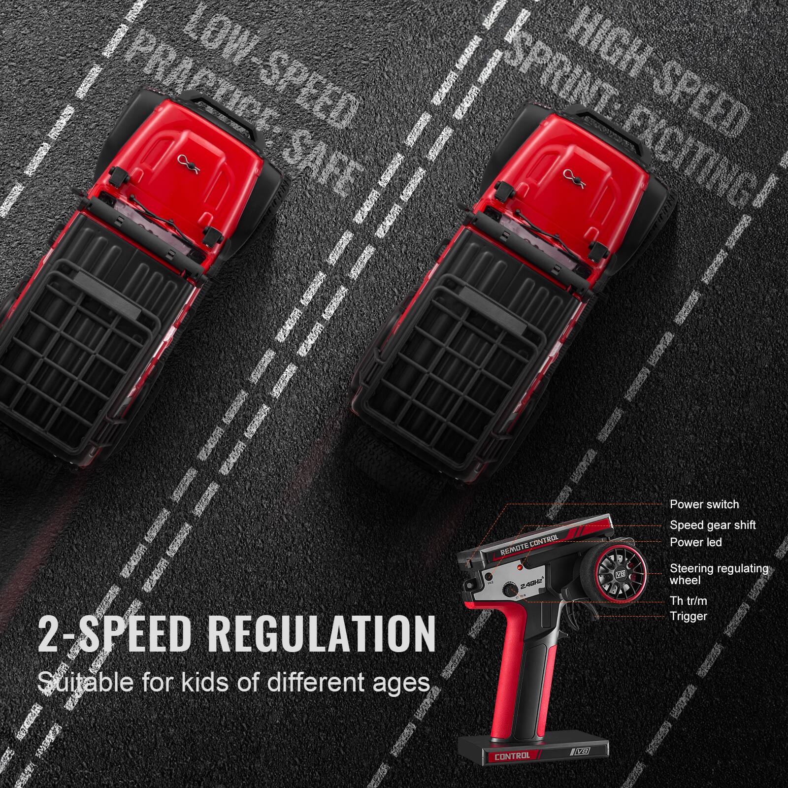 LOW-SPEED  
PRACTICALLY SAFE

HIGH-SPEED  
SPRINT EXCITING

2-SPEED REGULATION  
Suitable for kids of different ages

Power switch  
Speed gear shift  
Power led  
Steering regulating wheel  
Th trim  
Trigger