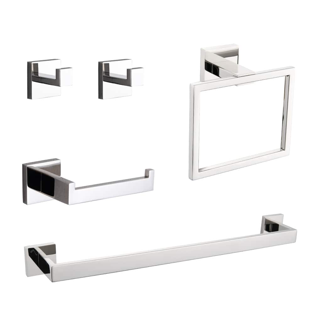 JUJABU - 5-Piece Bathroom Set Towel Bar + Ring + Hooks + TP Holder - Chrome