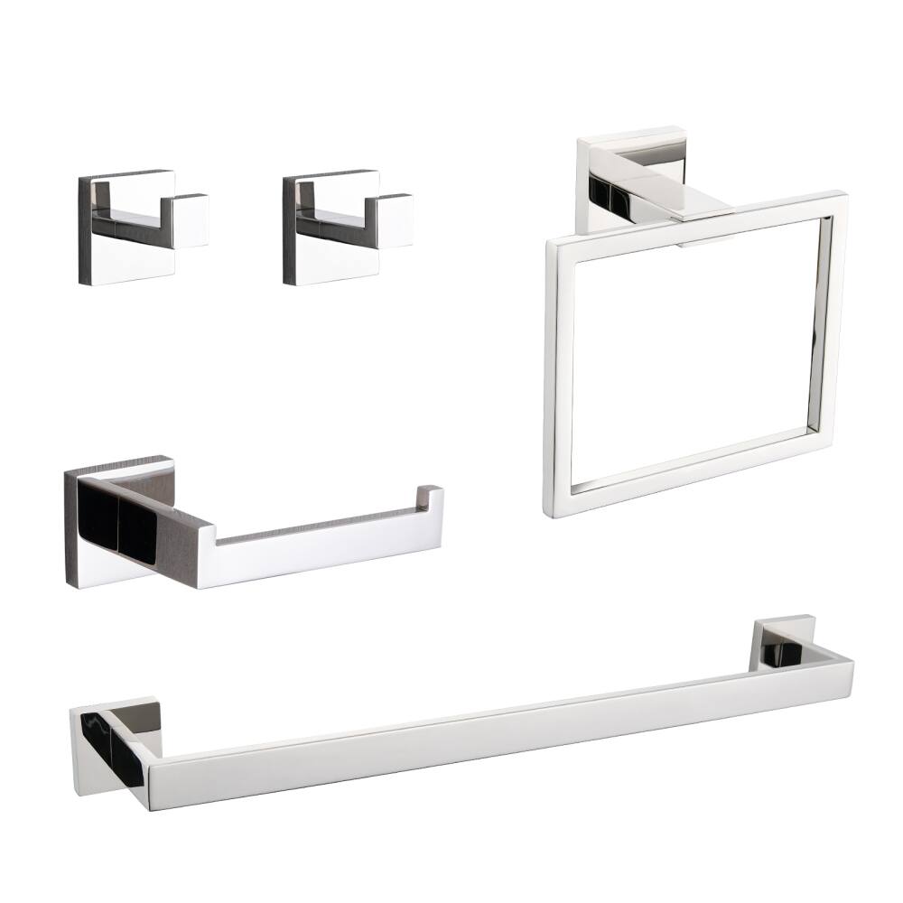 Front. JUJABU - 5-Piece Bathroom Set Towel Bar + Ring + Hooks + TP Holder, Chrome - Chrome.