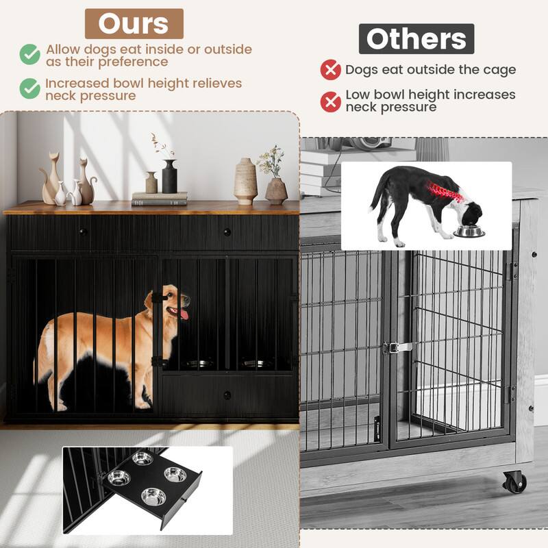 Ours
- Allow dogs to eat inside or outside as their preference
- Increased bowl height relieves neck pressure

Others
- Dogs eat outside the cage
- Low bowl height increases neck pressure