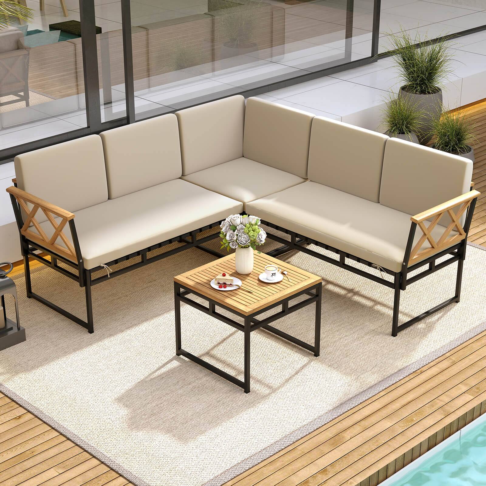 Alt View 4. Costway - Costway 4 Piece Outdoor Sectional Sofa Set L-Shaped Metal Conversation Set with Cushions - Beige.