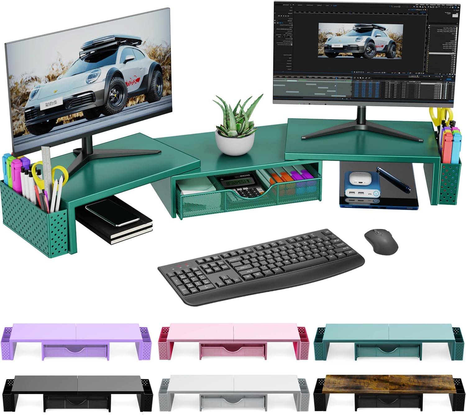 Front. ZWILLING - Spacrea Metal Desk Organizers and Accessories, Dual Monitor Stand Riser with Drawer and 2 Pen Holders, Desk Accessories - Dark Gree.