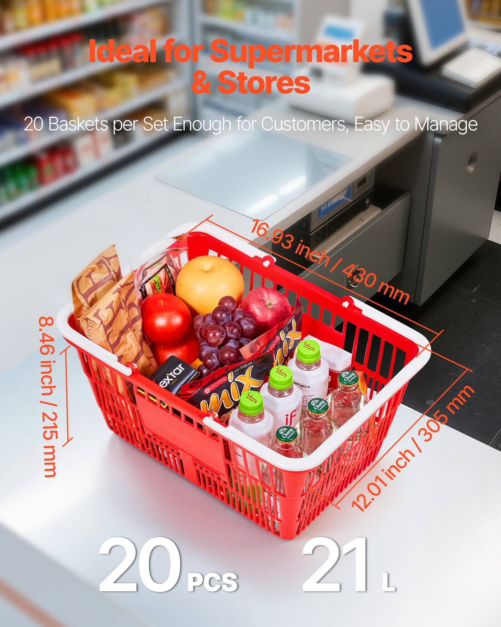 Ideal for Supermarkets & Stores  
20 Baskets per Set Enough for Customers, Easy to Manage  

8.46 inch / 215 mm  
16.93 inch / 430 mm  
12.01 inch / 305 mm  

20 PCS  
21 L