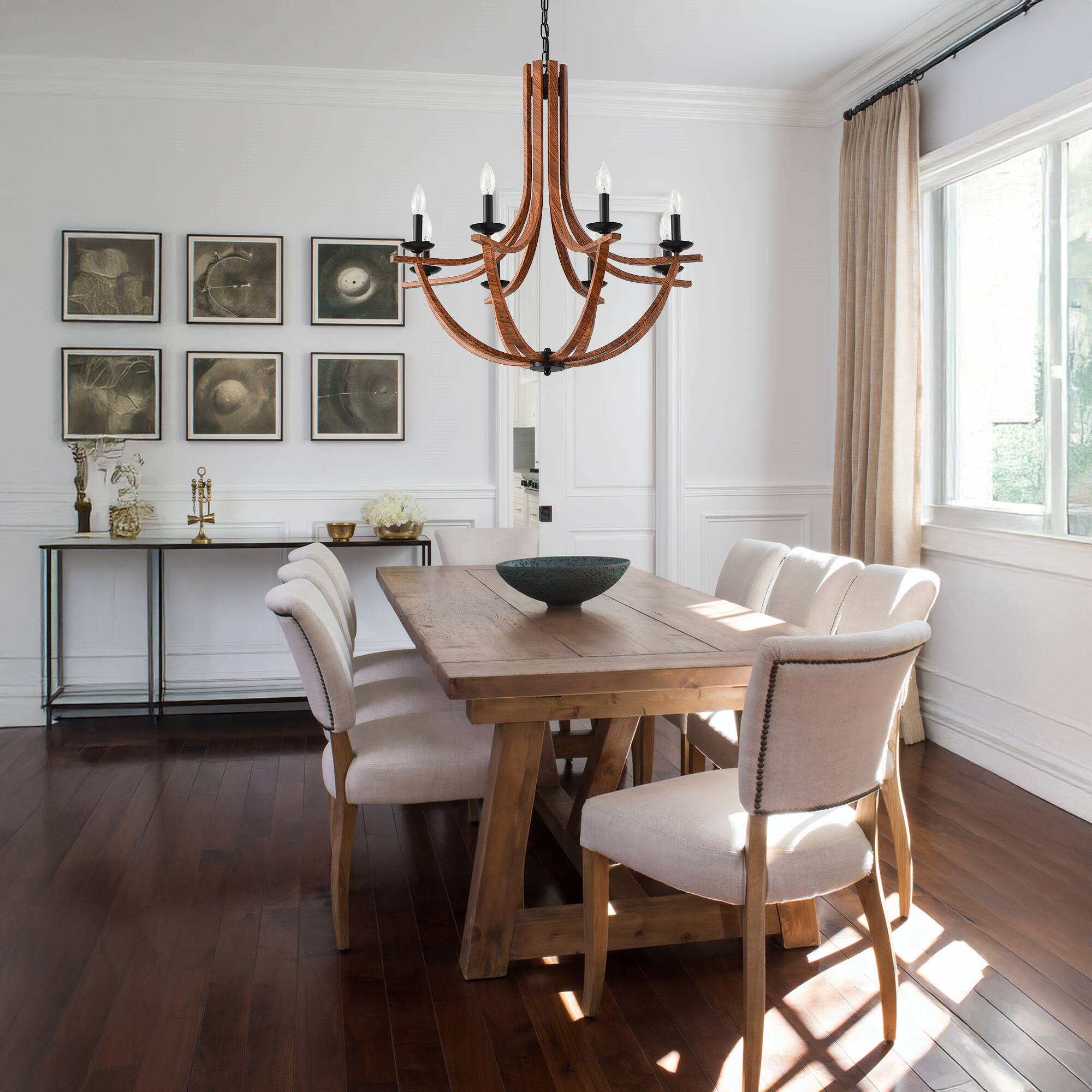 Alt View 3. RYHNUYNE - 30"Farmhouse Chandelier,8-Light Dining Room Light Fixture,Rustic Chandelier Wooden Light Fixtures for Living Room Foyer - Brown.