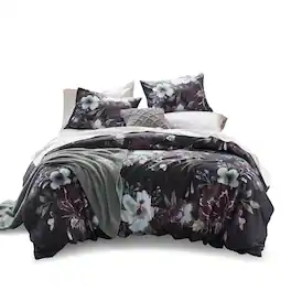 Gracie Mills - 3-Piece Gia Floral Printed Comforter Set - Dark Grey/Plum