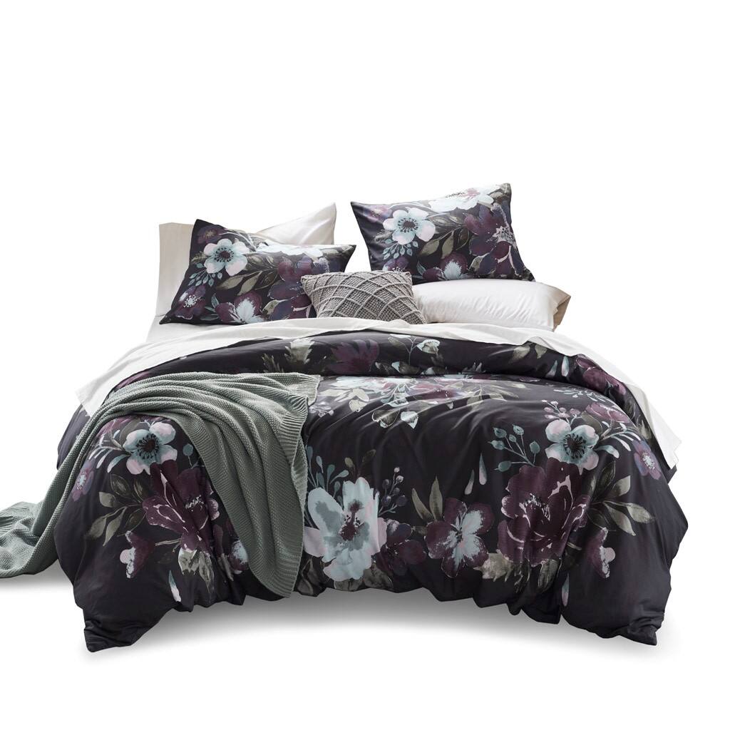 Front. Gracie Mills - Gracie Mills 3-Piece Gia Floral Printed Comforter Set - Dark Grey/Plum.