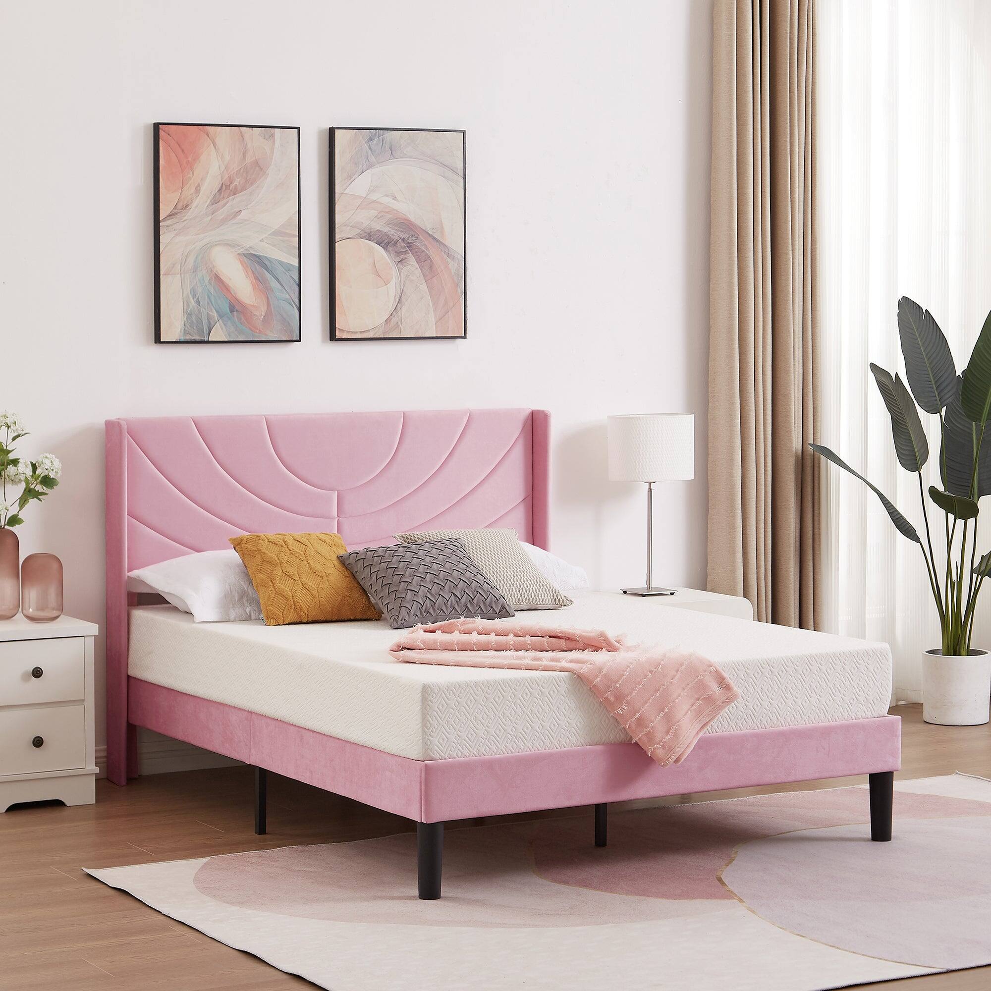 Angle. Vecelo - Upholstered Platform Queen Bed Frame with Fabric Headboard,Wooden Slats Support/No Box Spring Needed/Mattress Foundation - Pink.