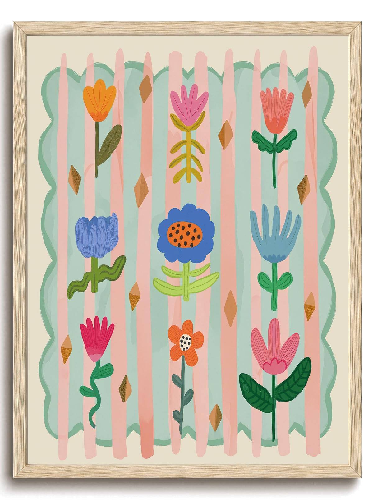 Front. Hirose Alice - KISSFOX Whimsical Floral Canvas Wall Art Colorful Rainbow Oak Wood Framed Wall Art Cute Sweet Flowers - Cute Flower 12"x16" Wood Framed.