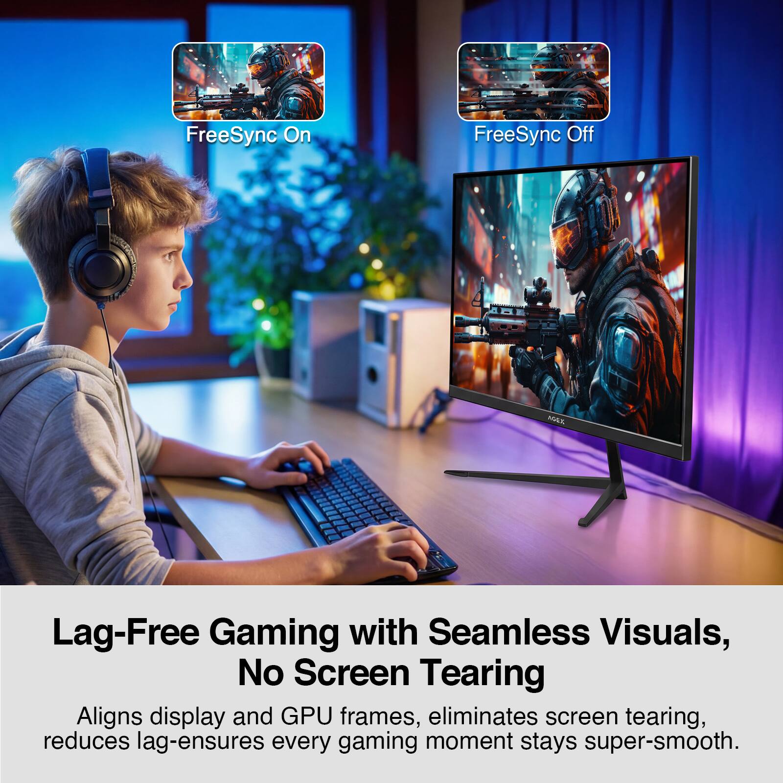 FreeSync On  
FreeSync Off  

MG4K  
Lag-Free Gaming with Seamless Visuals, No Screen Tearing  
Aligns display and GPU frames, eliminates screen tearing, reduces lag-ensures every gaming moment stays super-smooth.