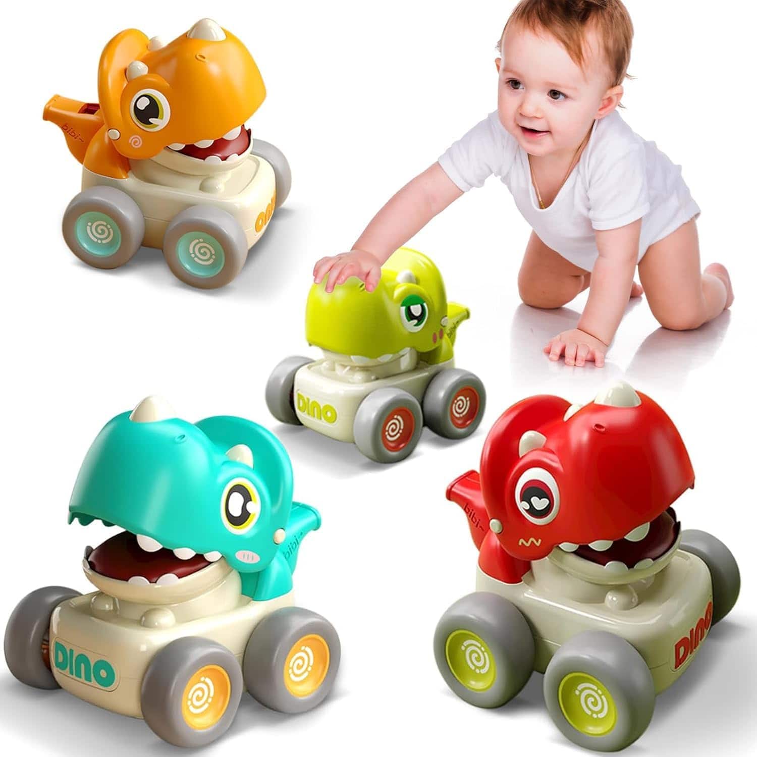 Auledio - 4Pcs Dinosaur Racing Cars Press and Go Car Toys, Infant Play Vehicle Set with Whistle,Christmas gifts Boys Girls