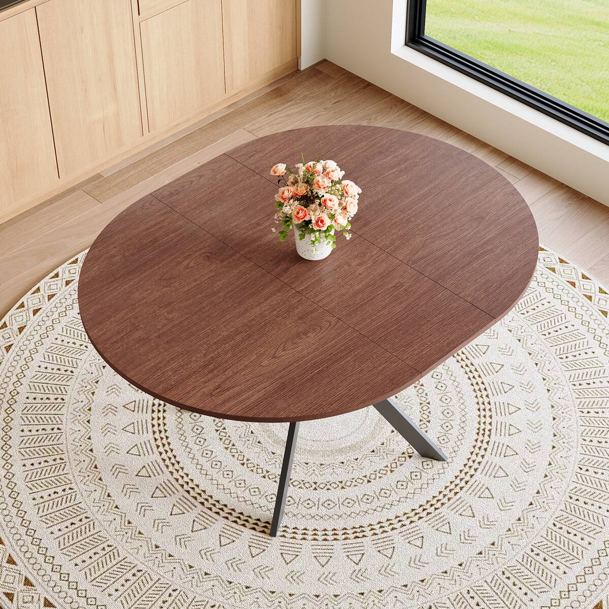 Angle. Loheer - Loheer- Extendable Round Dining Table 3.58 to 4.5 ft Space Saving Metal Legs 4 to 6 Seater for Small Apartment - Walnut.