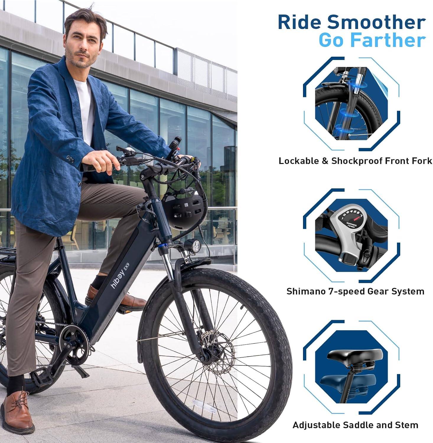 EX9 hibay EX

Ride Smoother Go Farther

- Lockable & Shockproof Front Fork
- Shimano 7-speed Gear System
- Adjustable Saddle and Stem