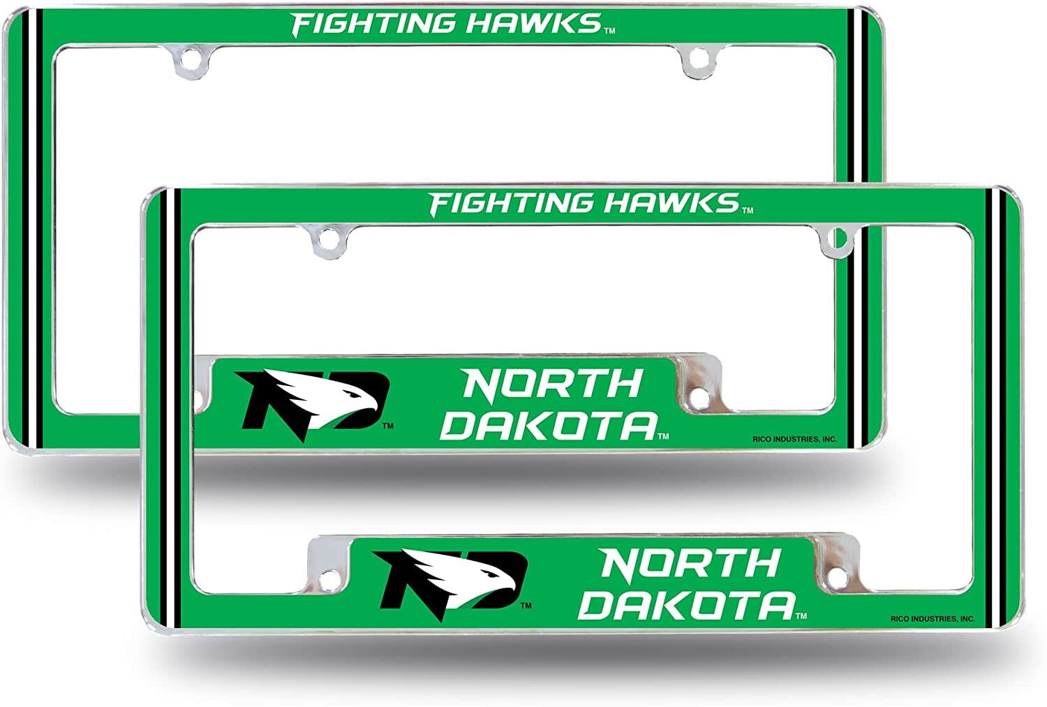 North Dakota NCAA Fighting Hawks (Set of 2) Chrome Metal License Plate Frames with Bold Full Frame Design