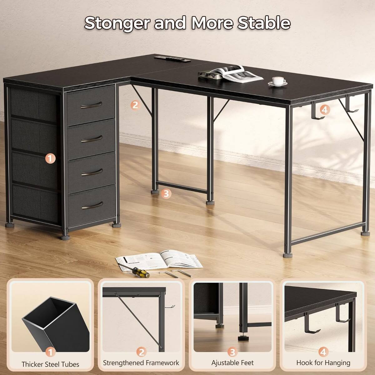 Furnulem L Shaped Computer Desk with Power Outlet and 4 Fabric Drawers ...