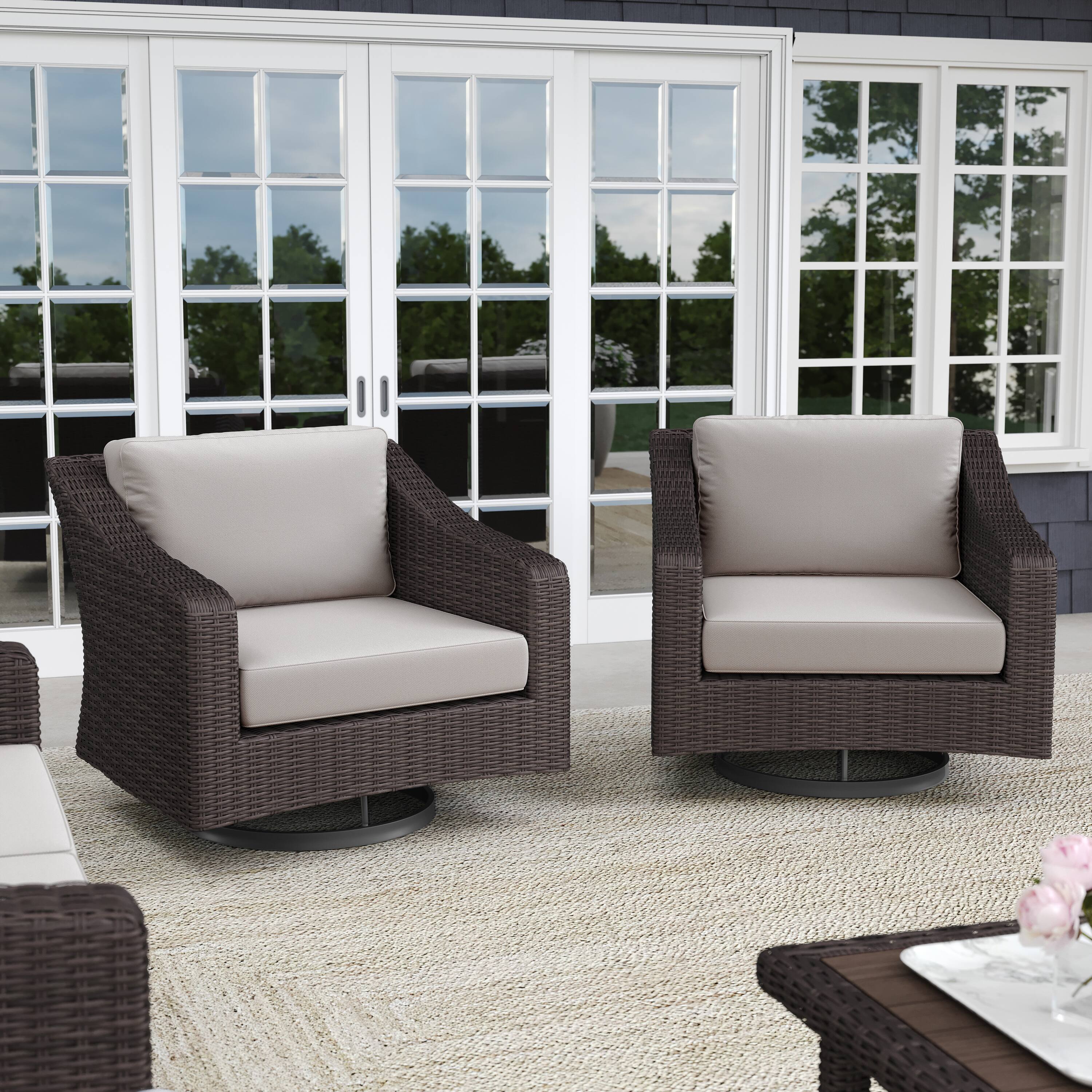 Alt View 1. Martha Stewart - Bedford 2PK Outdoor Rattan Wicker Swivel Chairs with All-Weather Cushions - Tan Cushions/Brown Frame.
