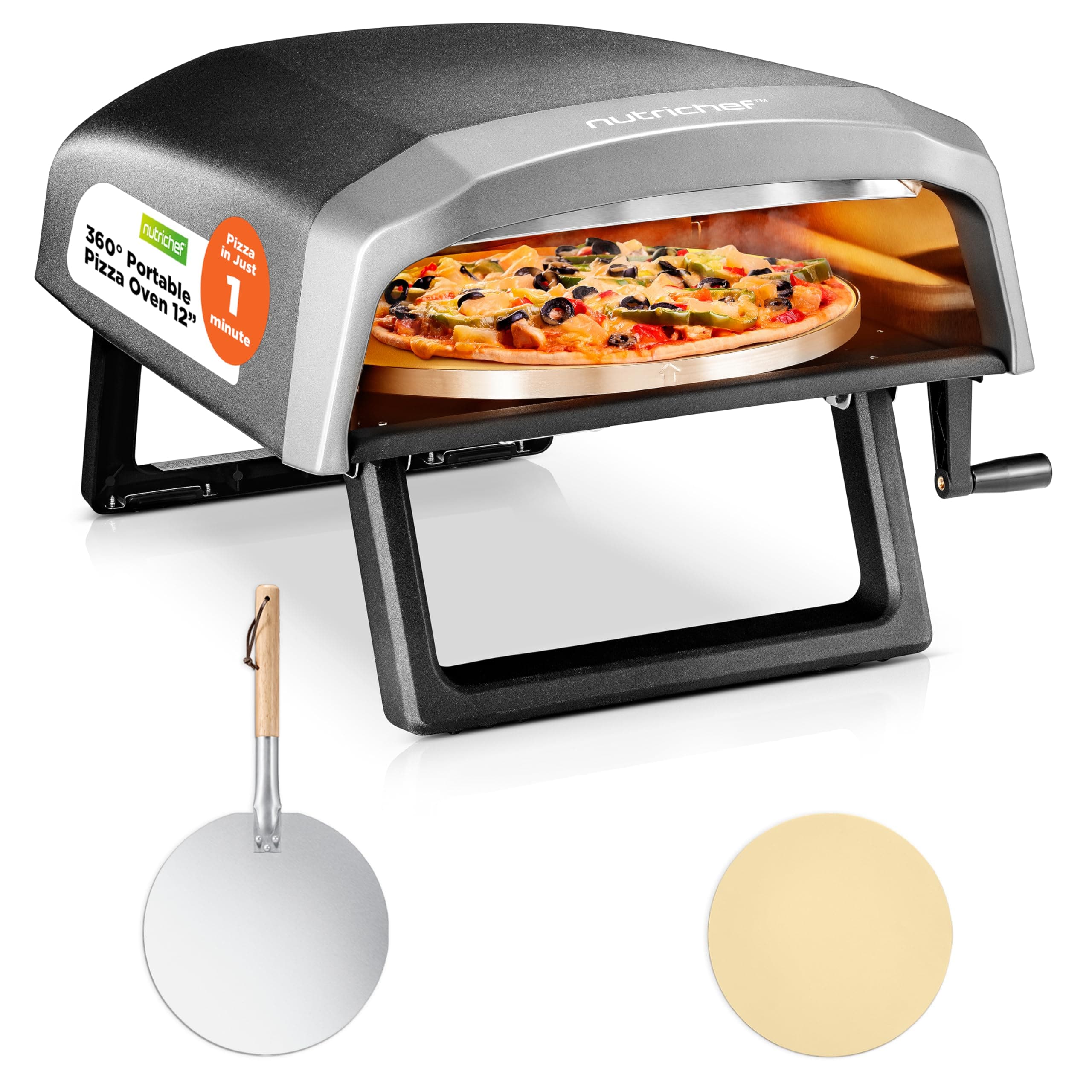 NutriChef - Outdoor Pizza Oven, 360° Rotating Stone, Adjustable Heat, Includes Peel, Cover & Hose - NCPIZRT44 - Black