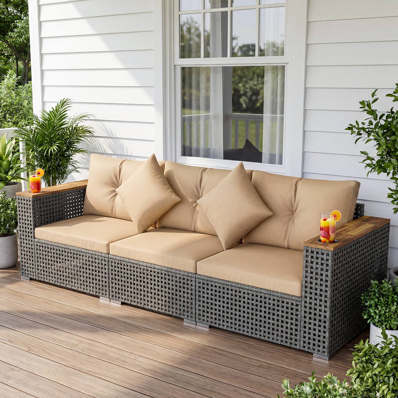 Alt View 4. Costway - Costway Patio Wicker Sectional Furniture Set, 3 Piece Outdoor Couch Set for Garden - Beige.