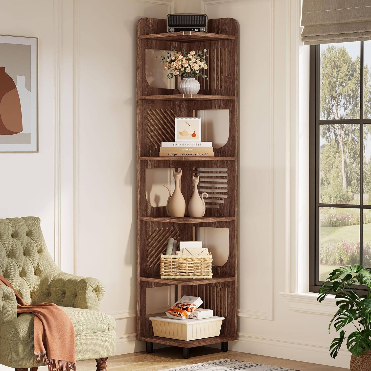 TinyHomie - 71.65in Tall 6-Tier Rustic Narrow Corner Bookshelf Storage for Living room Office Bedroom - Brown