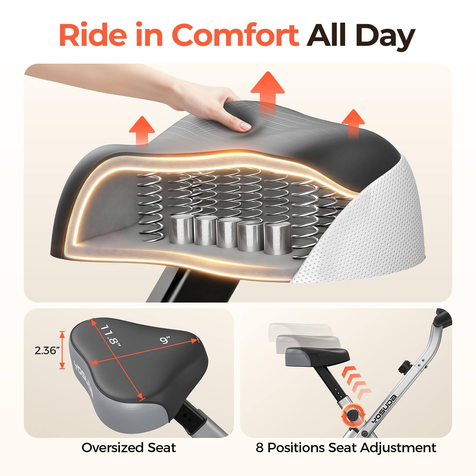 Ride in Comfort All Day

Oversized Seat
11.8" x 9" x 2.36"

8 Positions Seat Adjustment
