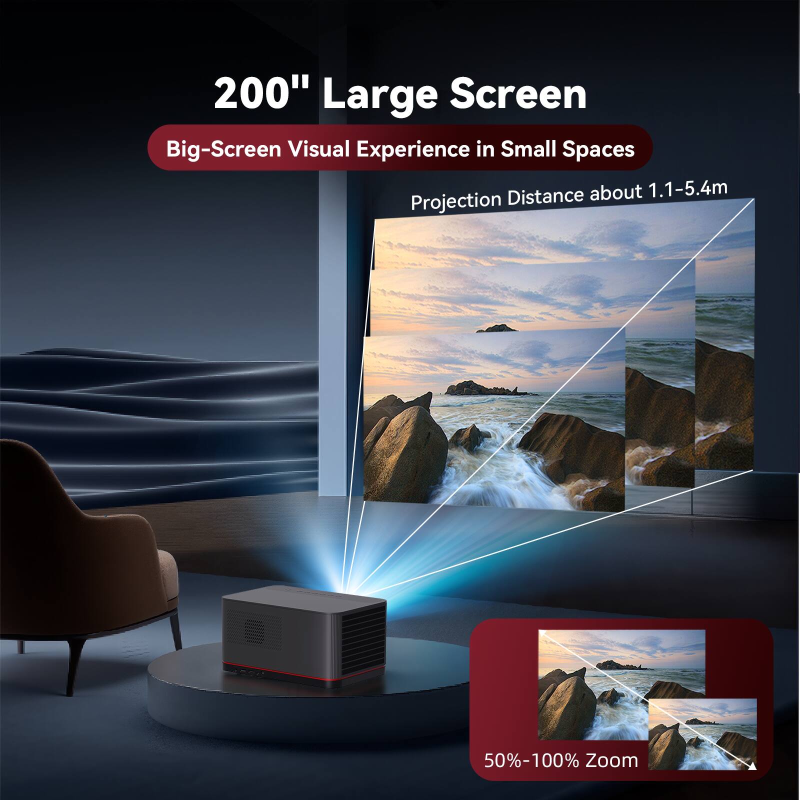 200" Large Screen Big-Screen Visual Experience in Small Spaces Distance about 1.1-5.4m Projection 50%-100% Zoom