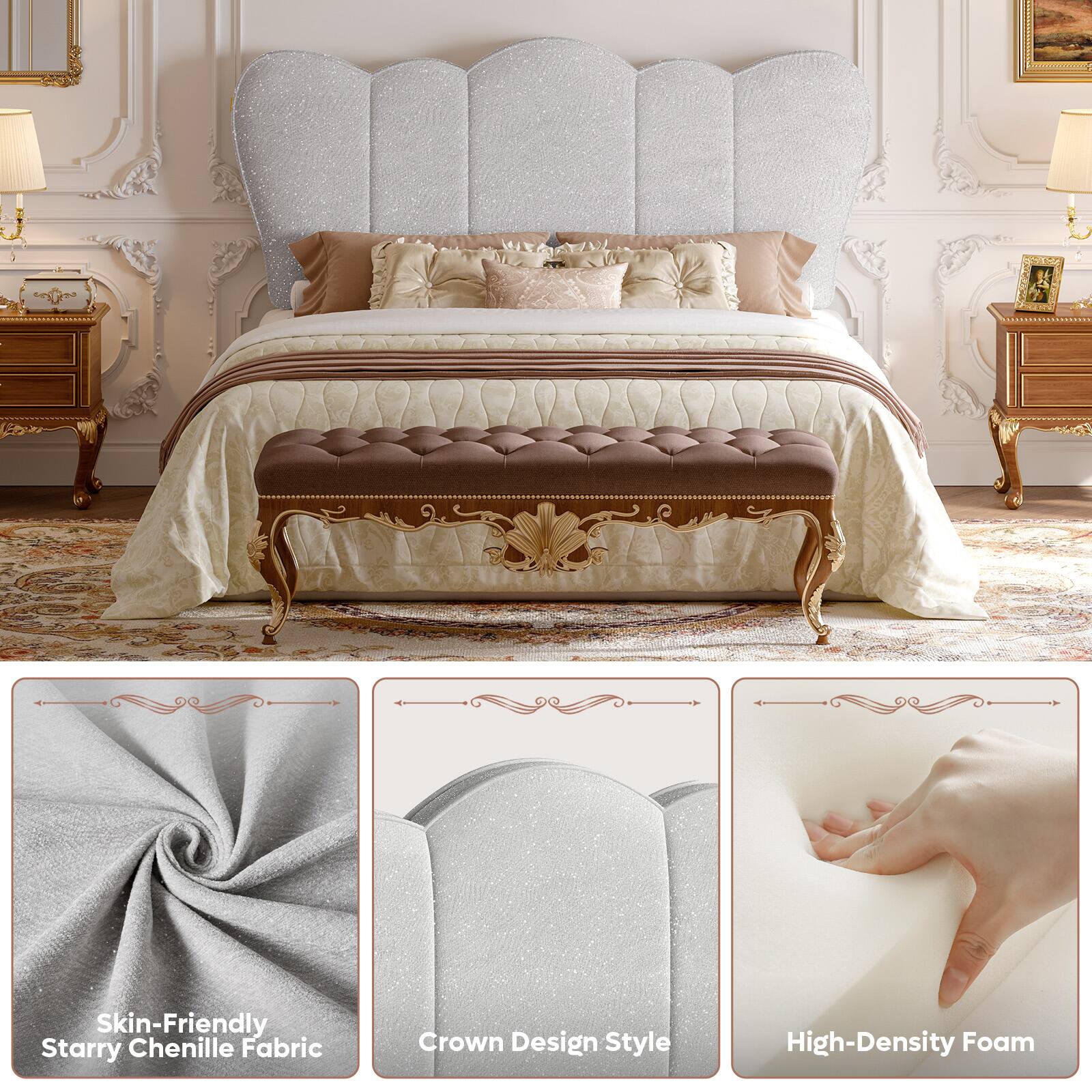 Skin-Friendly Starry Chenille Fabric  
Crown Design Style  
High-Density Foam