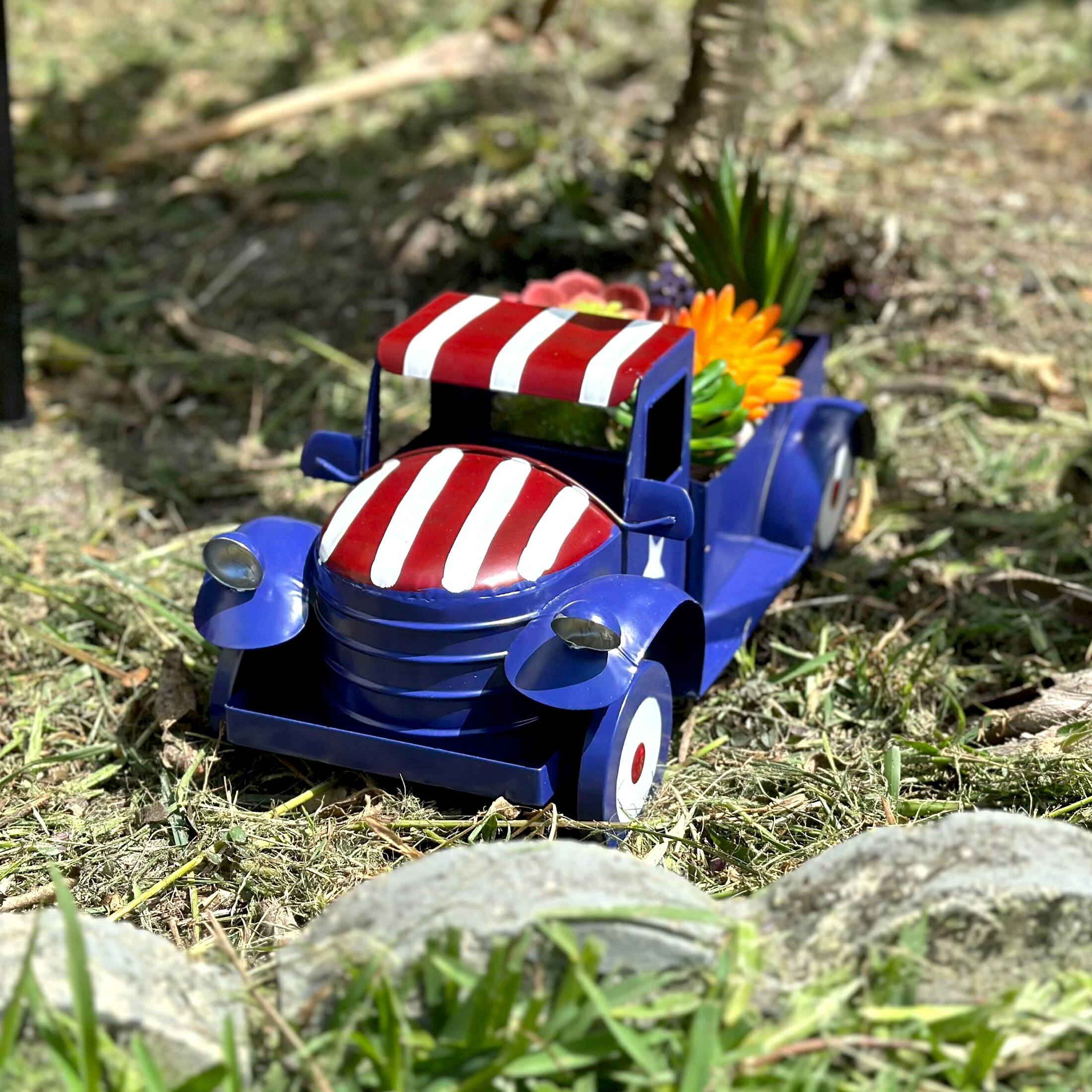 Alt View 3. Things2Die4 - Rustic Blue Metal Vintage Patriotic Pickup Truck Planter Antique Stars & Stripes - Blue.