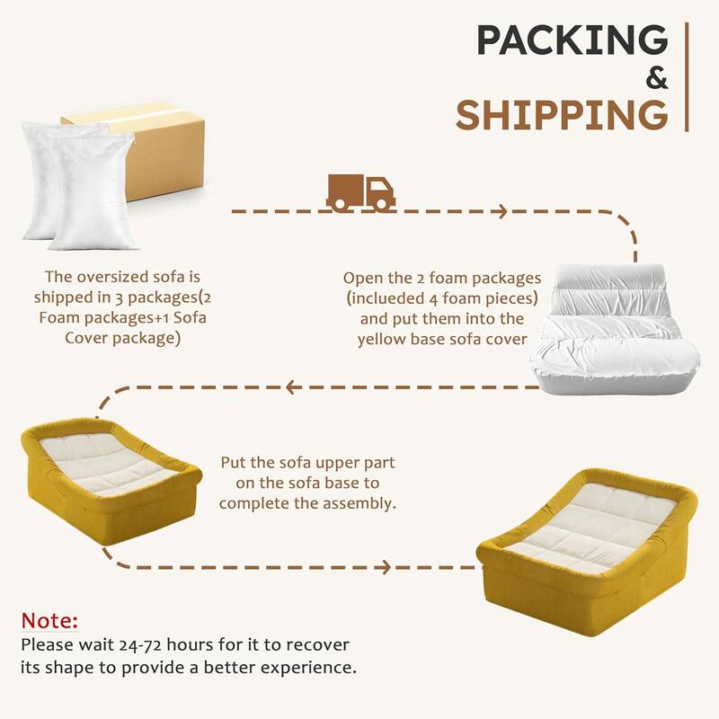 **Packing & Shipping**

The oversized sofa is shipped in 3 packages (2 Foam packages + 1 Sofa Cover package).

Open the 2 foam packages (included 4 foam pieces) and put them into the yellow base sofa cover.

Put the sofa upper part on the sofa base to complete the assembly.

**Note:**
Please wait 24-72 hours for it to recover its shape to provide a better experience.