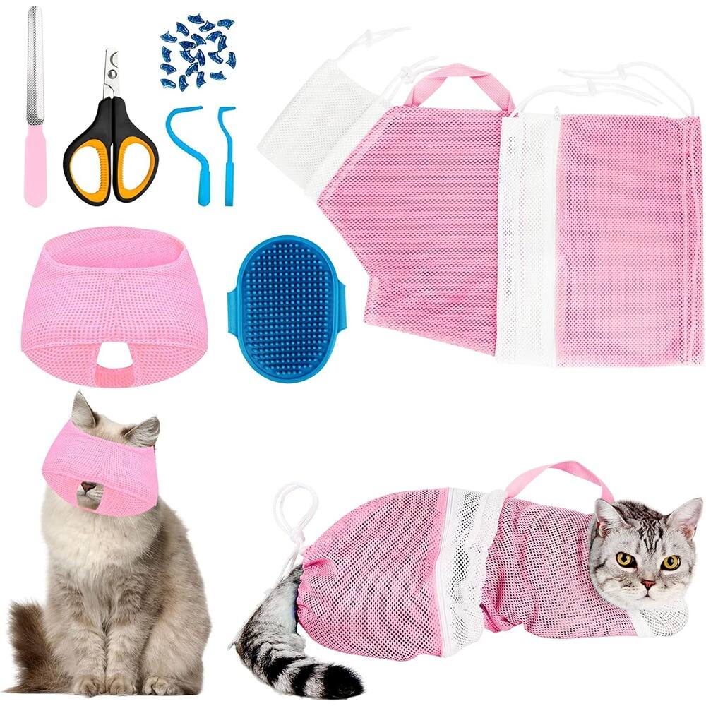 Front. THIRSTY TURTLE - 8-Piece Cat Bathing & Grooming Kit with Mesh Bag, Brush & Nail Tools.