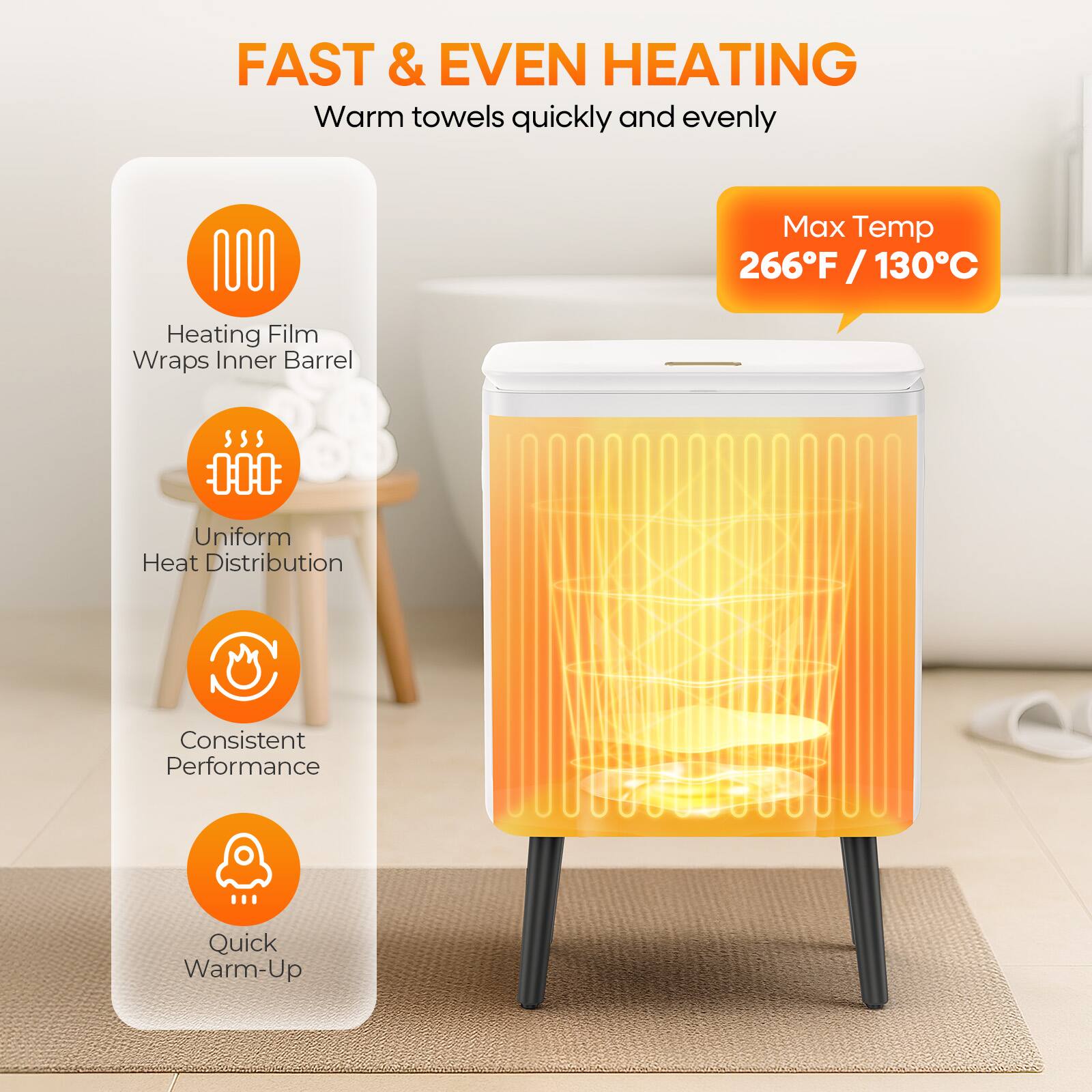 FAST & EVEN HEATING  
Warm towels quickly and evenly  

- Heating Film Wraps Inner Barrel  
- Uniform Heat Distribution  
- Consistent Performance  
- Quick Warm-Up  

Max Temp 266°F / 130°C