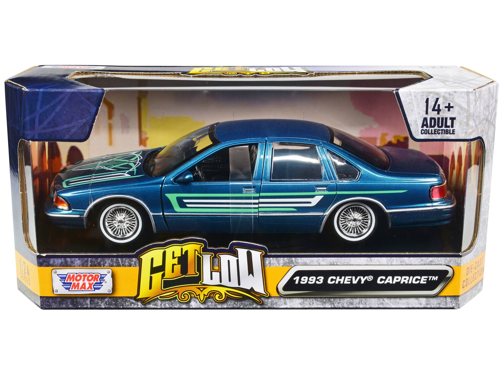 "1993 Chevrolet Caprice Lowrider Blue Metallic with Graphics ""Get Low"" Series 1/24 Diecast Model Car by Motormax" price history on PriceWatchPro