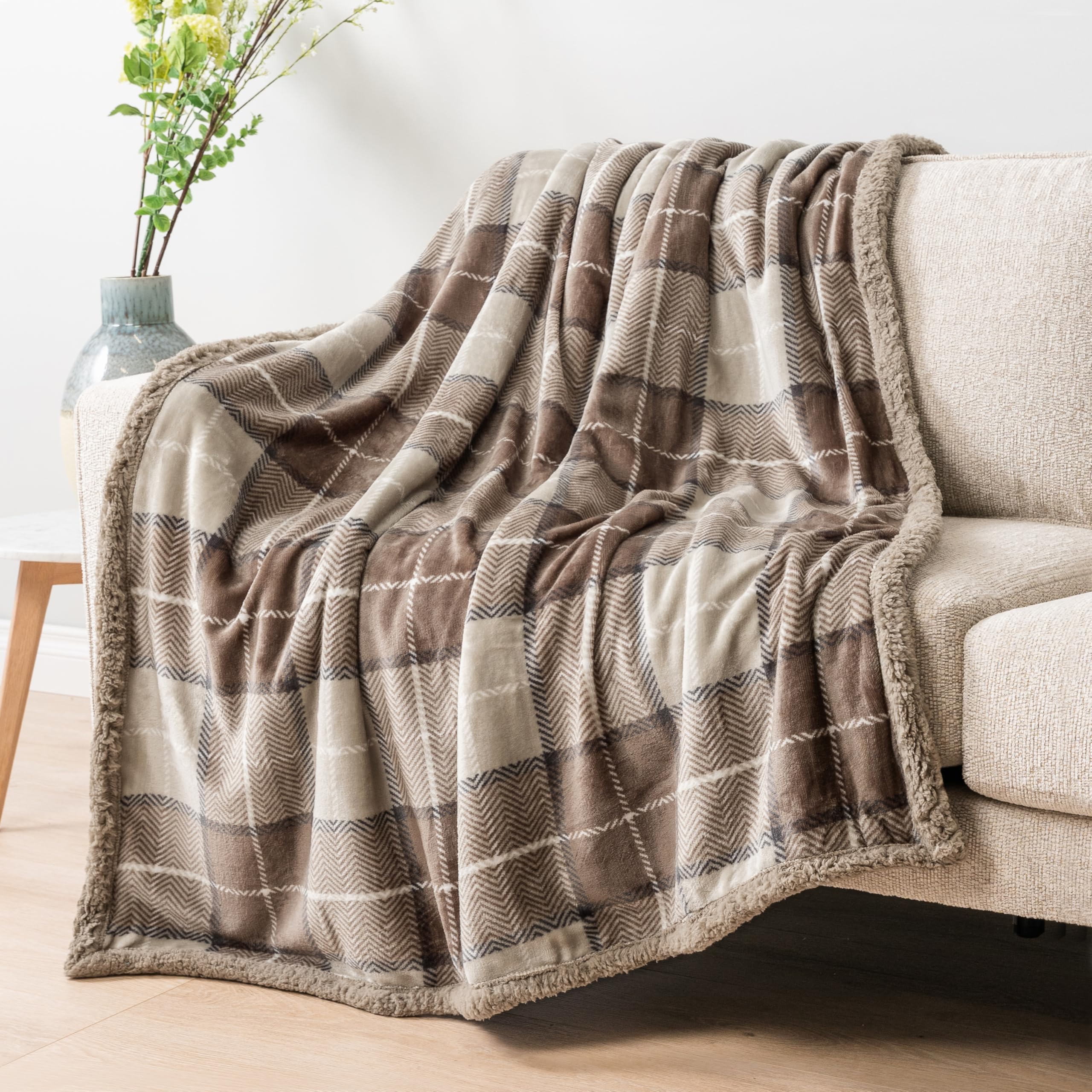 Alt View 3. Alchemy Casas - Taupe Plaid Sherpa Throw Blanket For Couch Twins Soft Fuzzy Cabin And Throws Warm Cozy Winter Gift - Melange Latte 50 x 60 Inches.