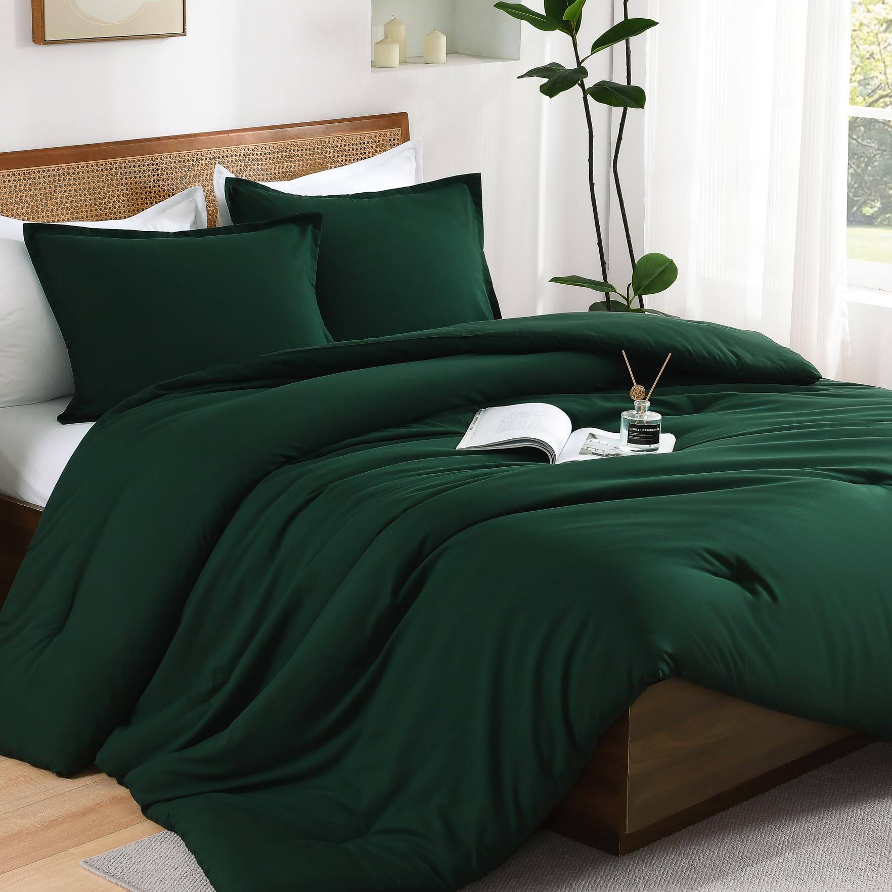 Front. Comfort Essence - Dark Comforter Set 3 Pieces Forest Hunter Boho Solid Bedding Sets Soft Cozy Lightweight Down Alternative All - Dark Green-Super King Plus(128"x120").