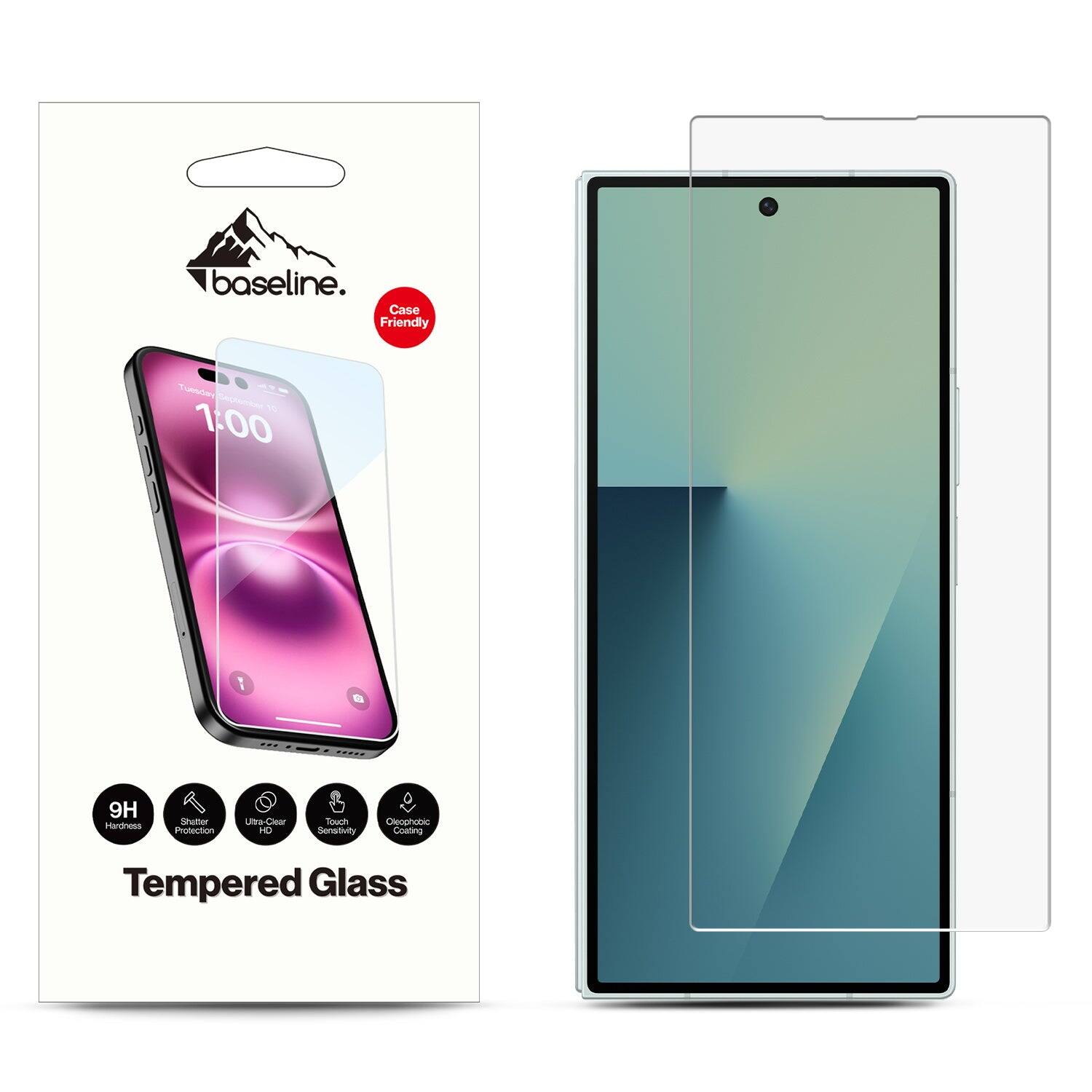 baseline. Case Friendly Tumuley P - 1:00 1 D 9H Hardness Shafter Protection Ultra-Clear Touch Sensitivity Oleophobic Conting Tempered Glass