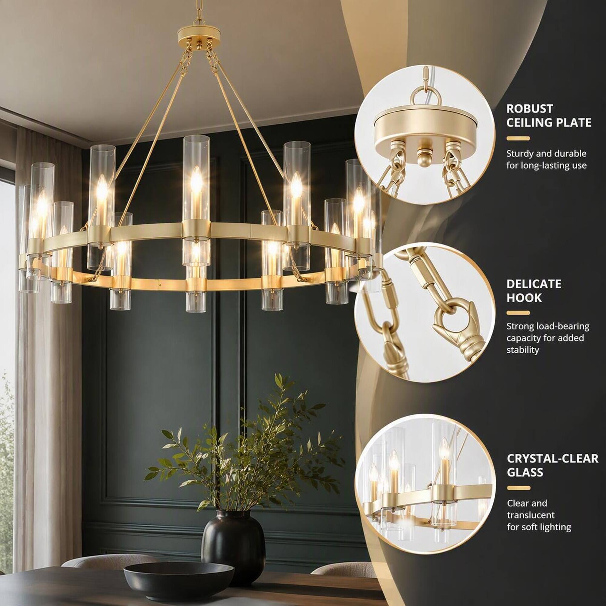 ROBUST CEILING PLATE
Sturdy and durable for long-lasting use

DELICATE HOOK
Strong load-bearing capacity for added stability

CRYSTAL-CLEAR GLASS
Clear and translucent for soft lighting