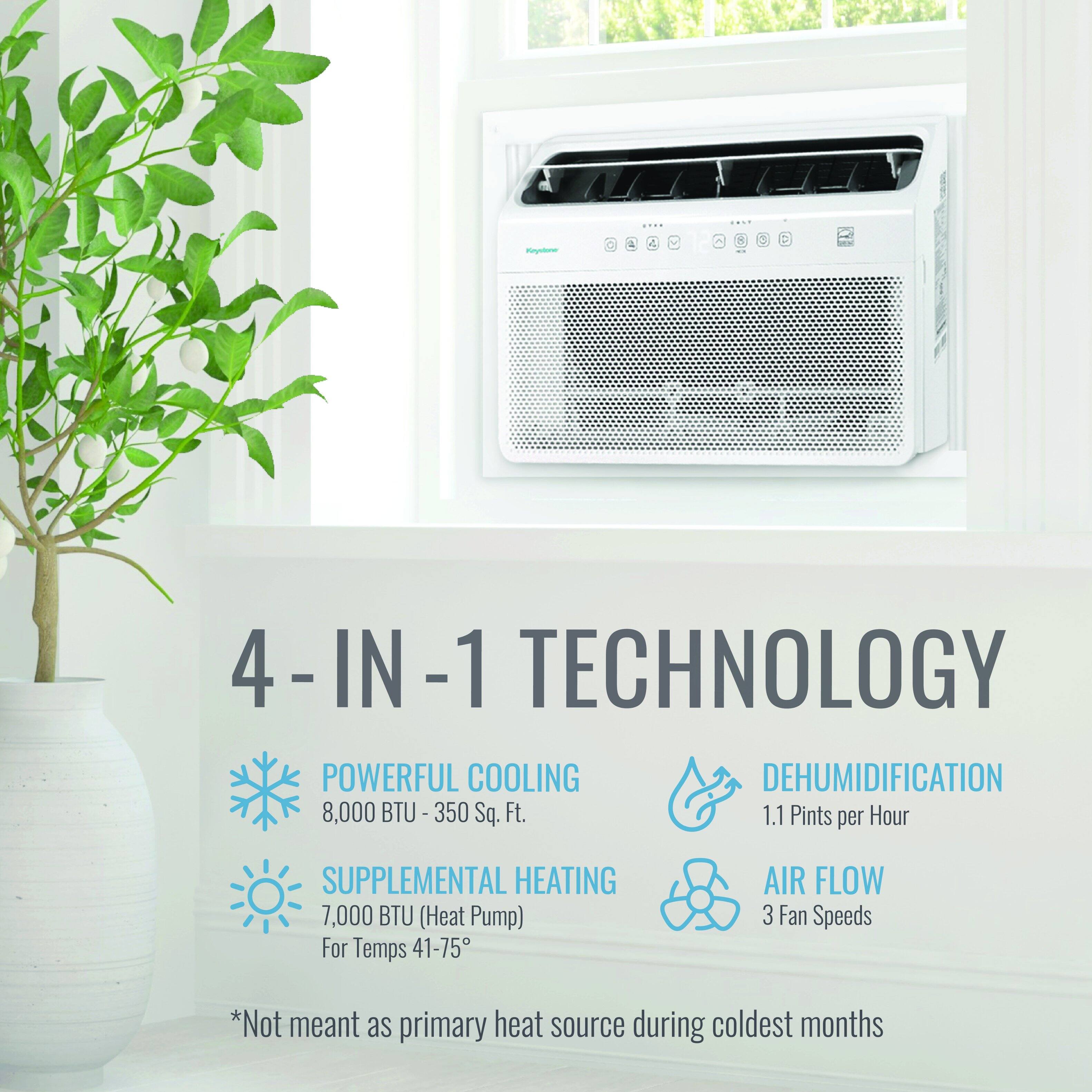 4-IN-1 TECHNOLOGY

- POWERFUL COOLING
  - 8,000 BTU - 350 Sq. Ft.

- DEHUMIDIFICATION
  - 1.1 Pints per Hour

- SUPPLEMENTAL HEATING
  - 7,000 BTU (Heat Pump)
  - For Temps 41-75°

- AIR FLOW
  - 3 Fan Speeds

*Not meant as primary heat source during coldest months