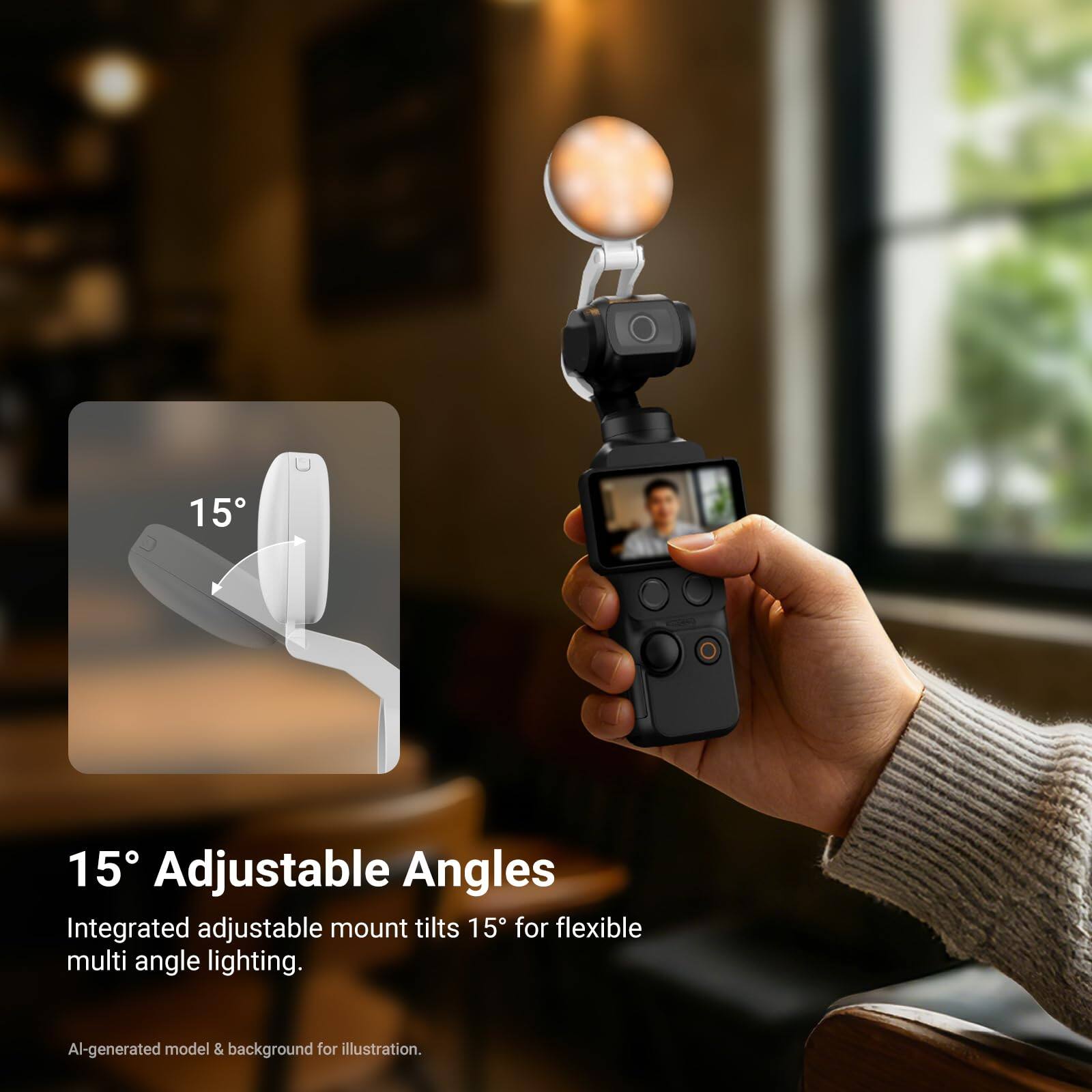 15° Adjustable Angles  
Integrated adjustable mount tilts 15° for flexible multi angle lighting.  
AI-generated model & background for illustration.