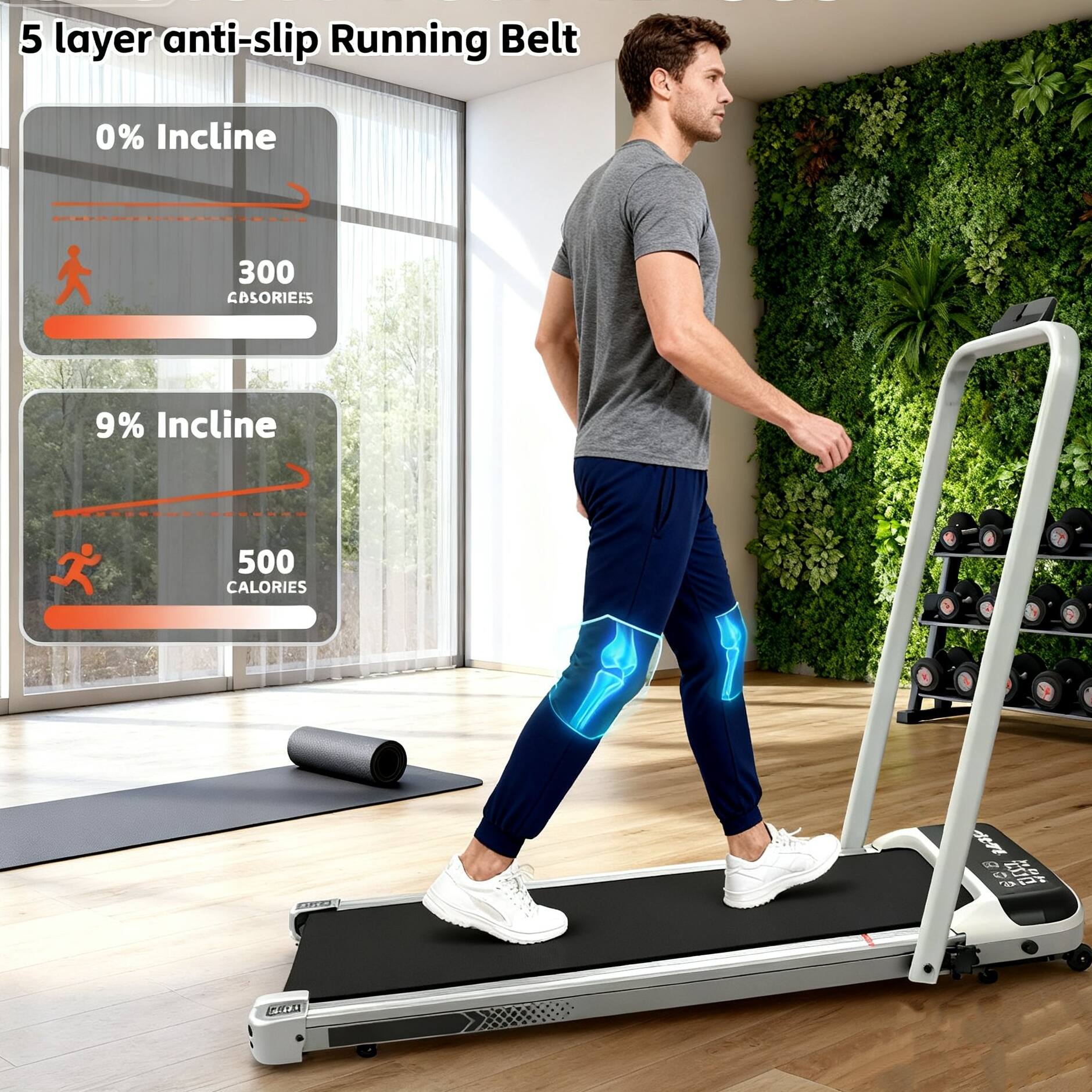 5 layer anti-slip Running Belt

0% Incline  
300 CALORIES

9% Incline  
500 CALORIES
