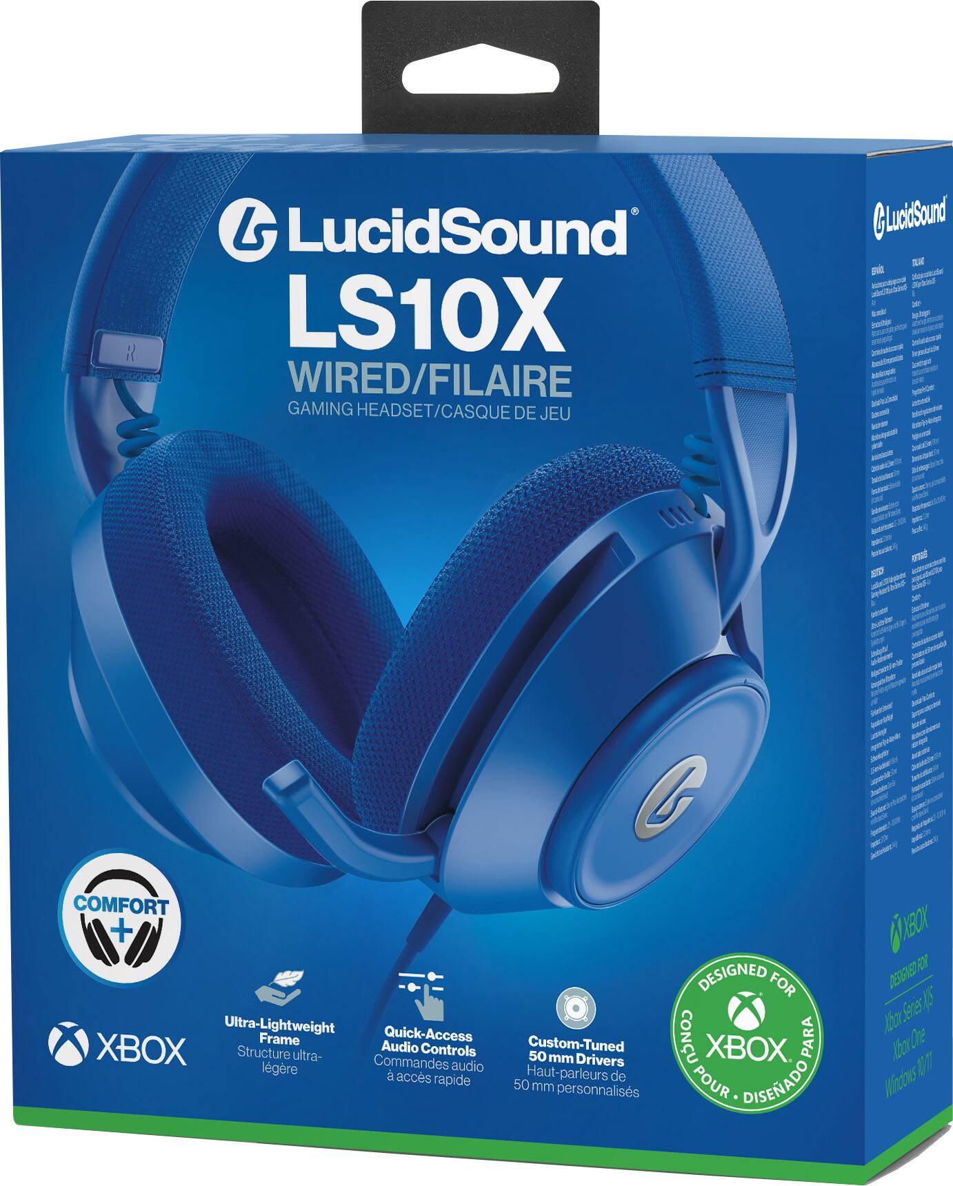 LucidSound LS10X  
WIRED/FILARE  
GAMING HEADSET/CASQUE DE JEU  

COMFORT  
Ultra-Lightweight Frame  
Structure ultra-légère  

Quick-Access Audio Controls  
Commandes audio à accès rapide  

Custom-Tuned 50 mm Drivers  
Haut-parleurs de 50 mm personnalisés  

DESIGNED FOR XBOX  
CONÇU POUR XBOX  
DISEÑADO PARA XBOX  

XBOX