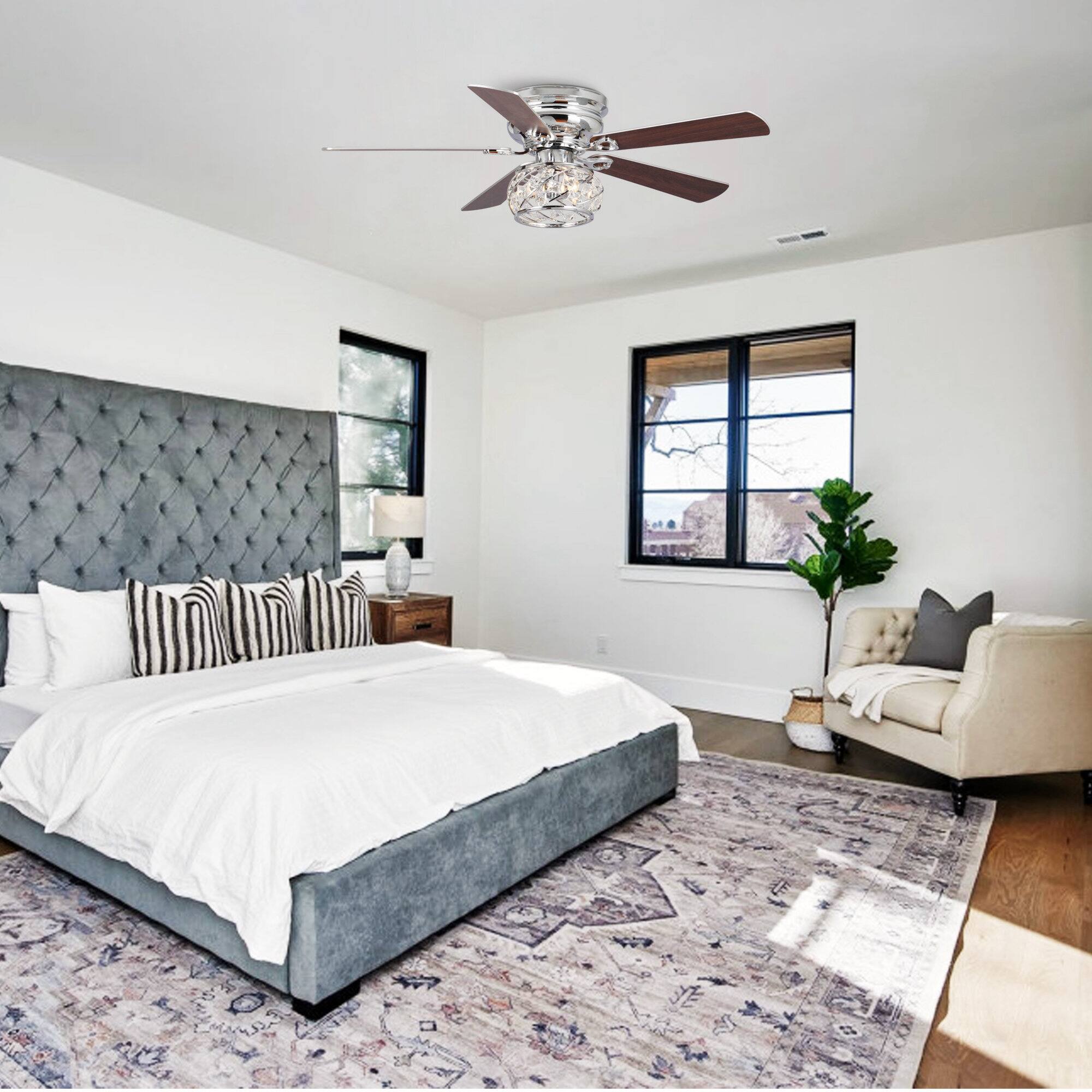 Alt View 2. Parrot Uncle - 48" Chrome Modern 5-Blade Crystal Flush Mount Ceiling Fan with Remote - Chrome.