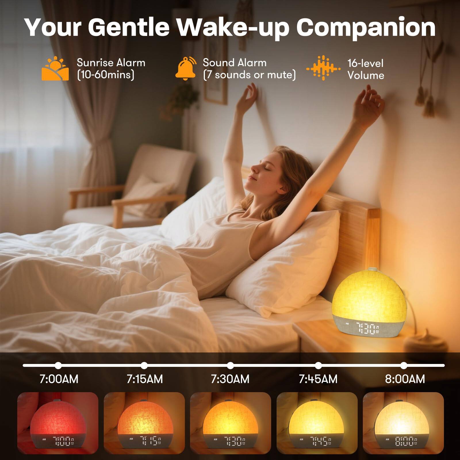 Left. Dazzed Corner - Wake Up Light Sunrise Alarm Clock, Dimmable Night Lights - Yellow.