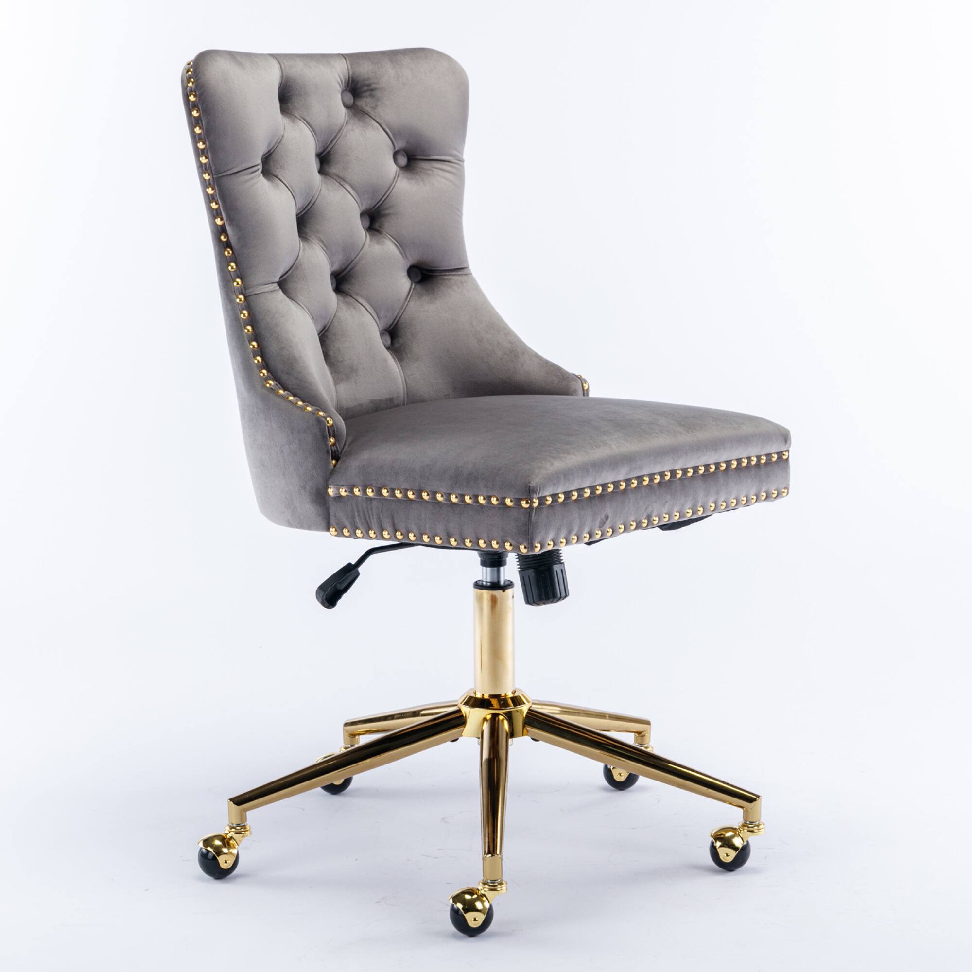 Back. GOODSILO - Modern Velvet Upholstered Office Chair with Tufted Button Design and Golden Metal Base for Home Workspace - Gray.