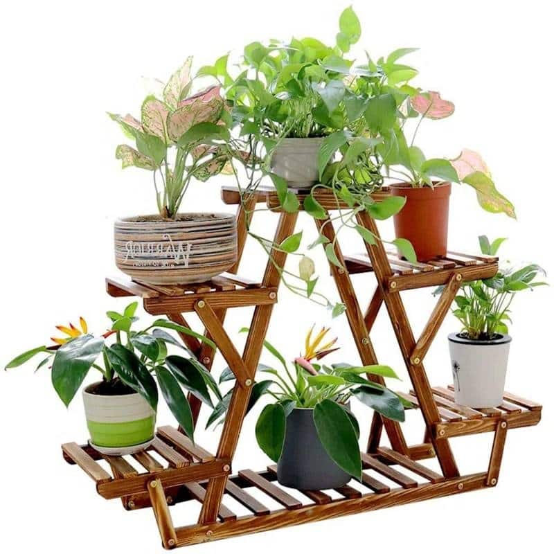 SlickBlue - 6-Shelf Solid Wood Plant Holder with Triangular Frame for Indoor Outdoor - Brown