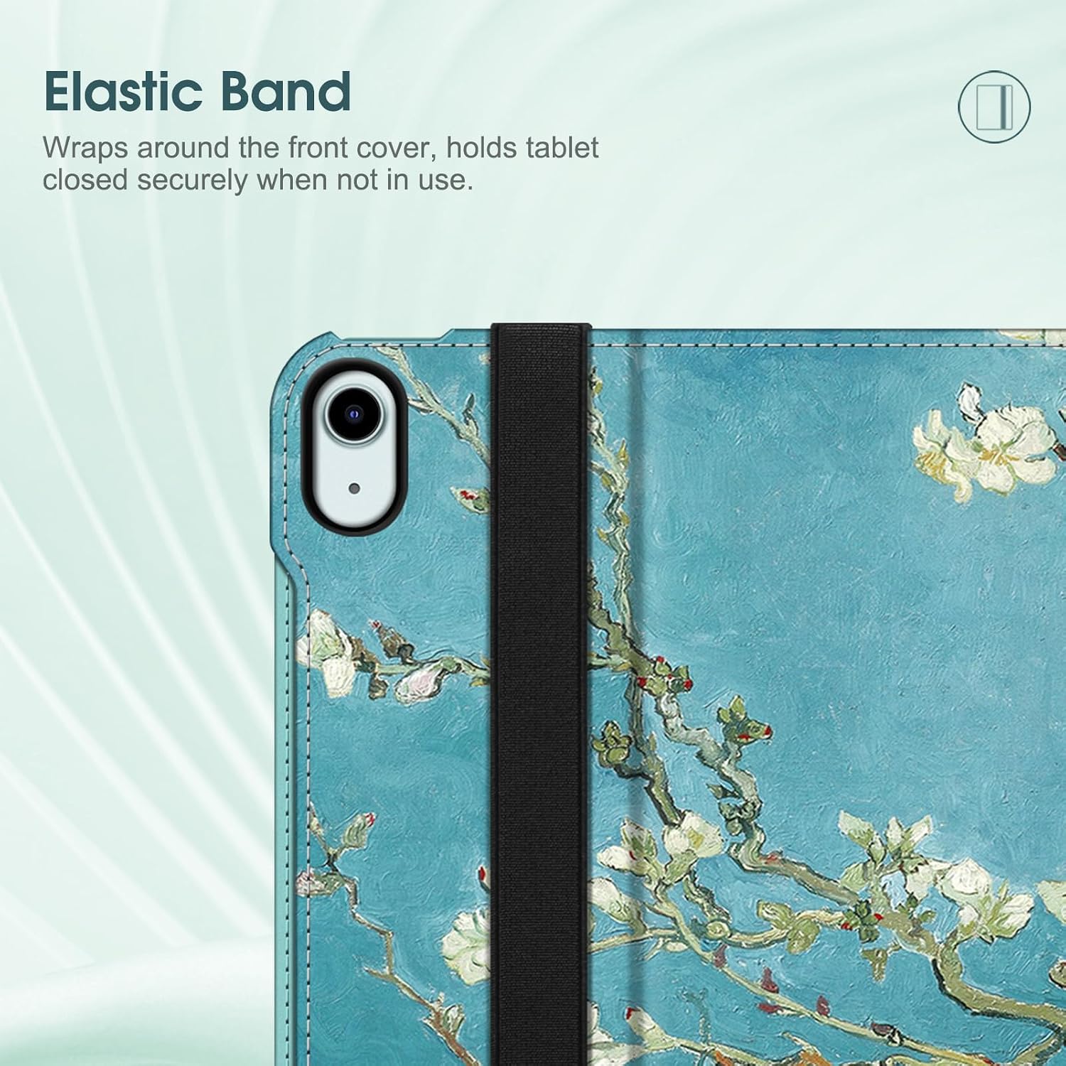Elastic Band Wraps around the front cover, holds tablet closed securely when not in use.