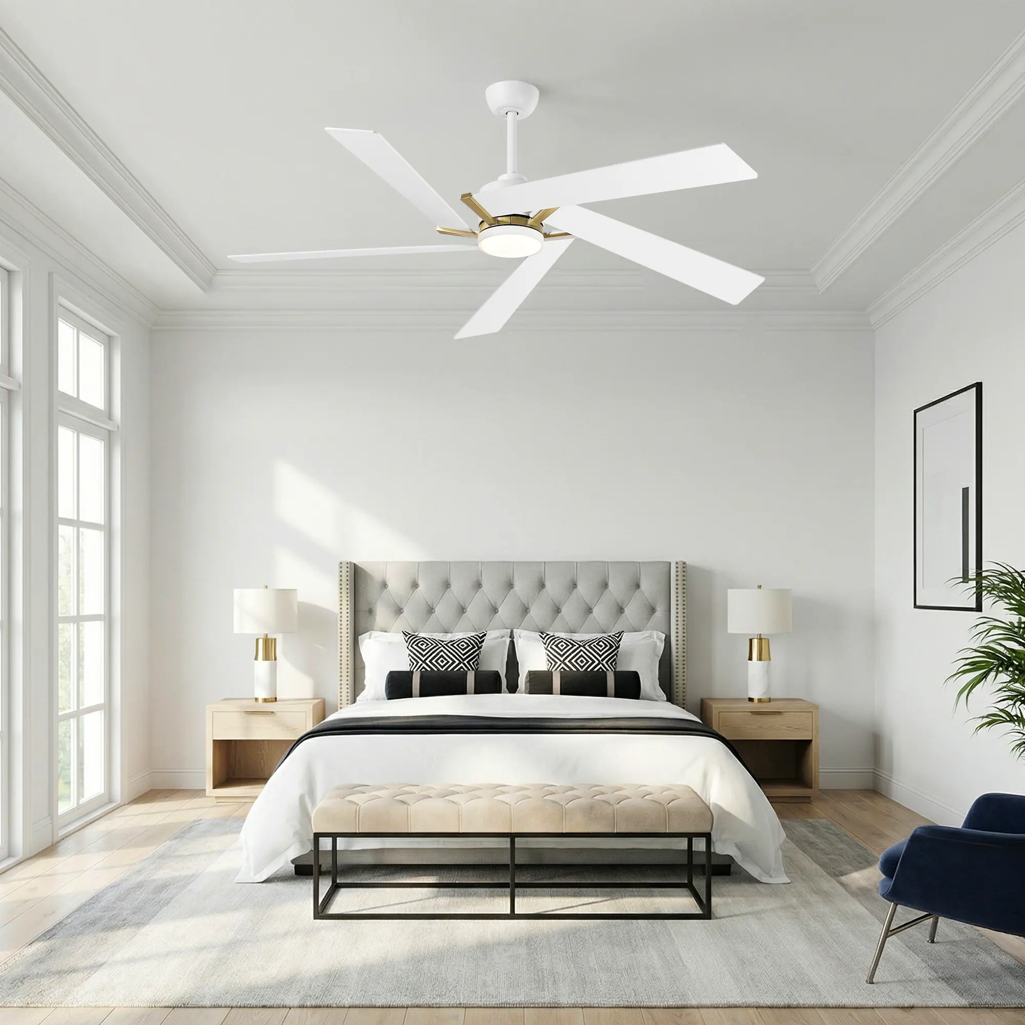 Back. Parrot Uncle - 60" Modern White LED Ceiling Fan with Remote Control and Reversible Blades - White.