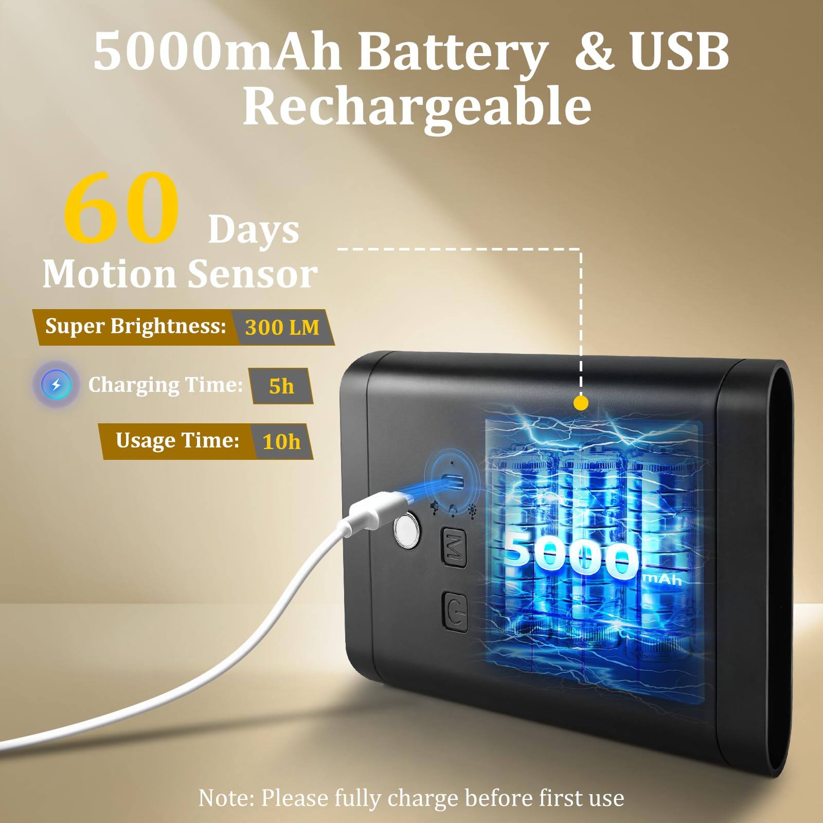 5000mAh Battery & USB Rechargeable

60 Days Motion Sensor

Super Brightness: 300 LM

Charging Time: 5h

Usage Time: 10h

Note: Please fully charge before first use