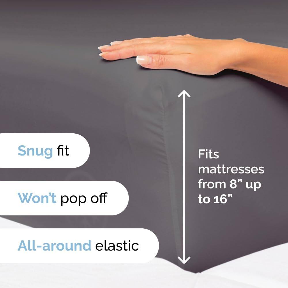 Snug fit  
Won't pop off  
Fits mattresses from 8" up to 16"  
All-around elastic