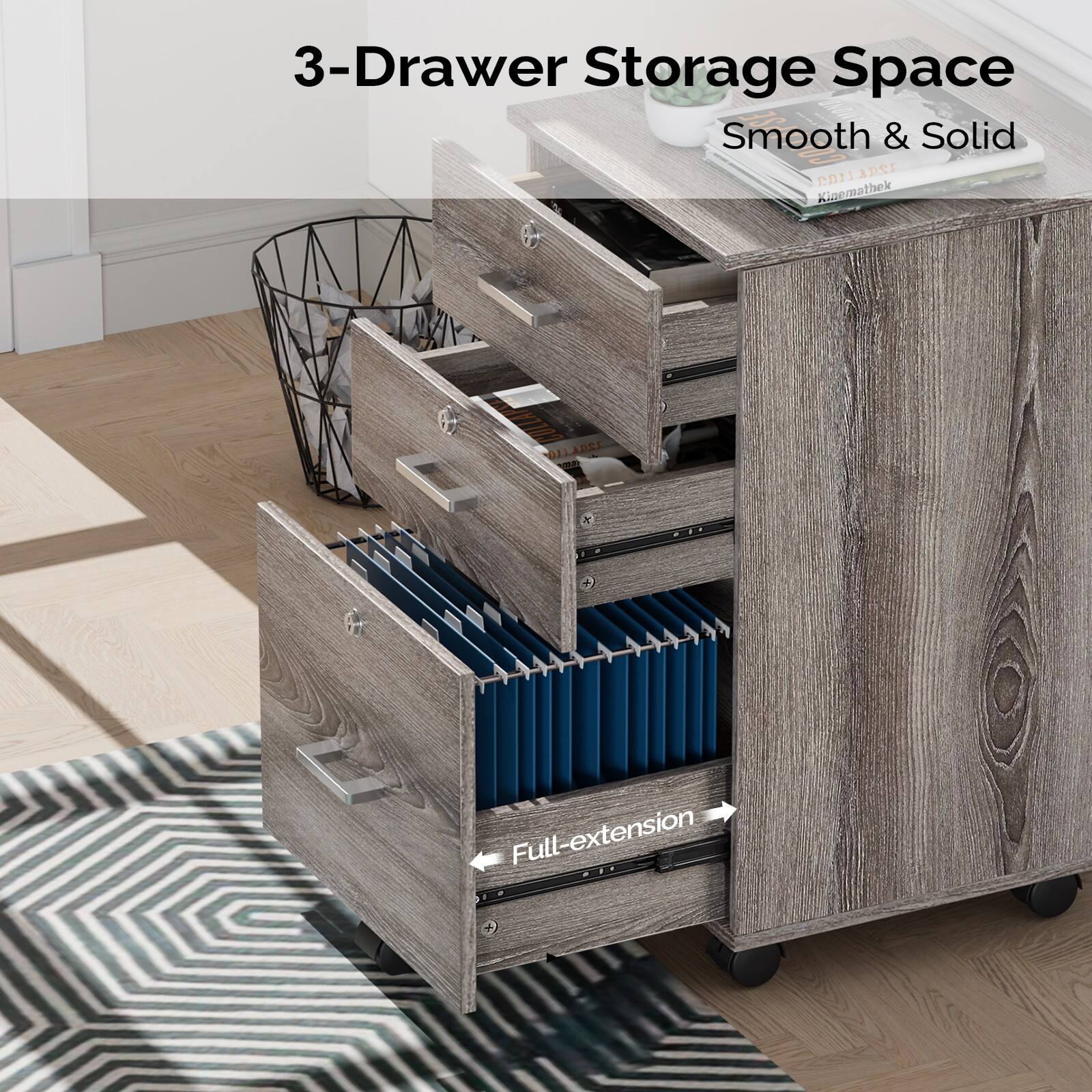 Alt View 3. Winado - 26"H 3 Drawer File Cabinet with Lock Wood File Cabinets with Hanging Bar - Gray Oak.