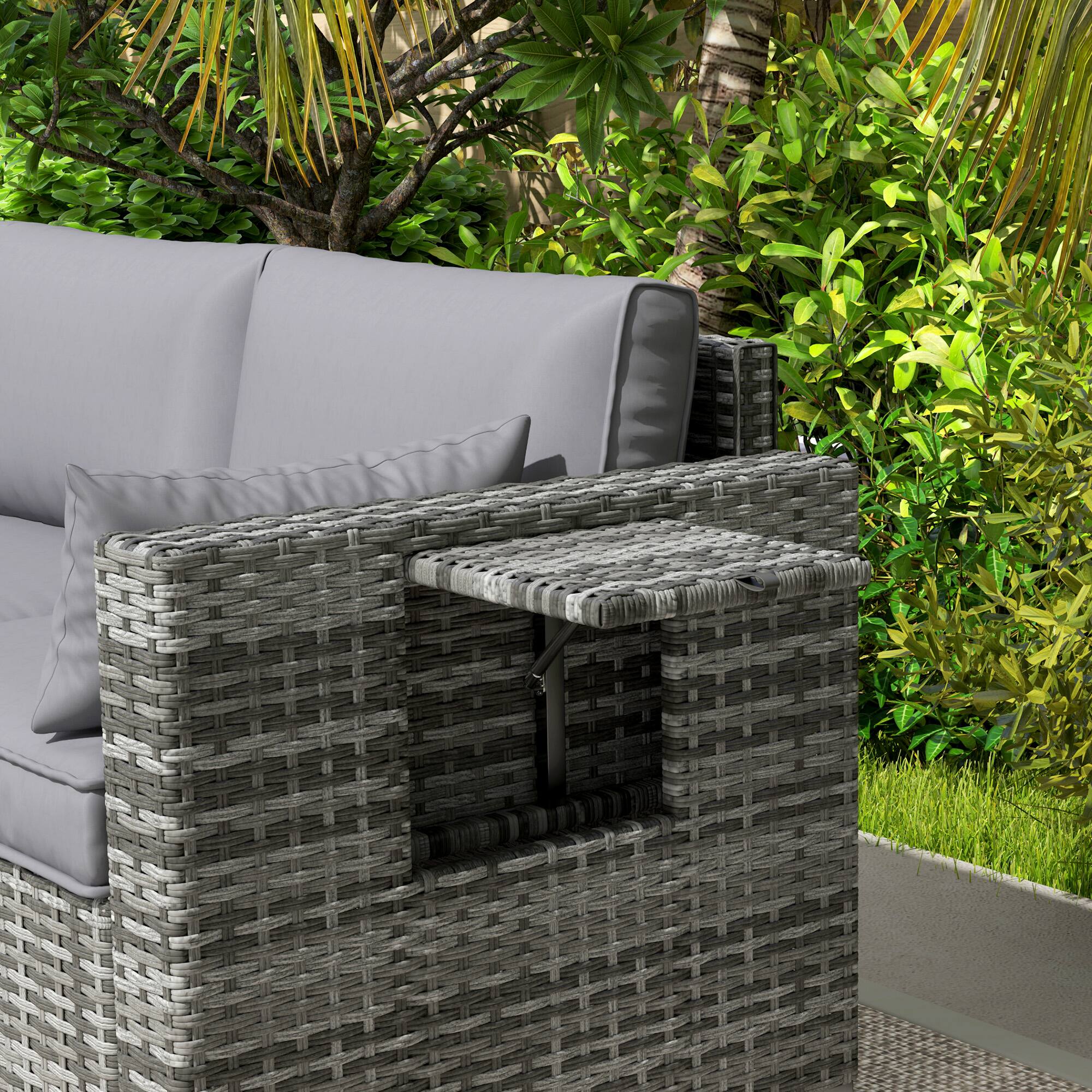 Alt View 8. Outsunny - 3 Seater Wicker Sofa with Side Tray Tables, Rattan Outdoor Patio Sofa with 6" Thick Back Cushions, Outdoor Wicker Couch - Mixed Gray.