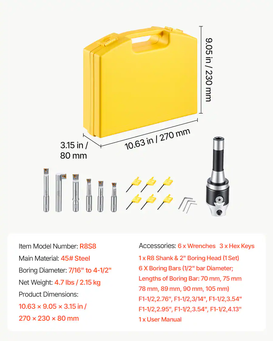 Main Machine Head VEVOR R8 Boring Head 2 Inch Indexable 8 Piece Boring Bar Set with R8 ...