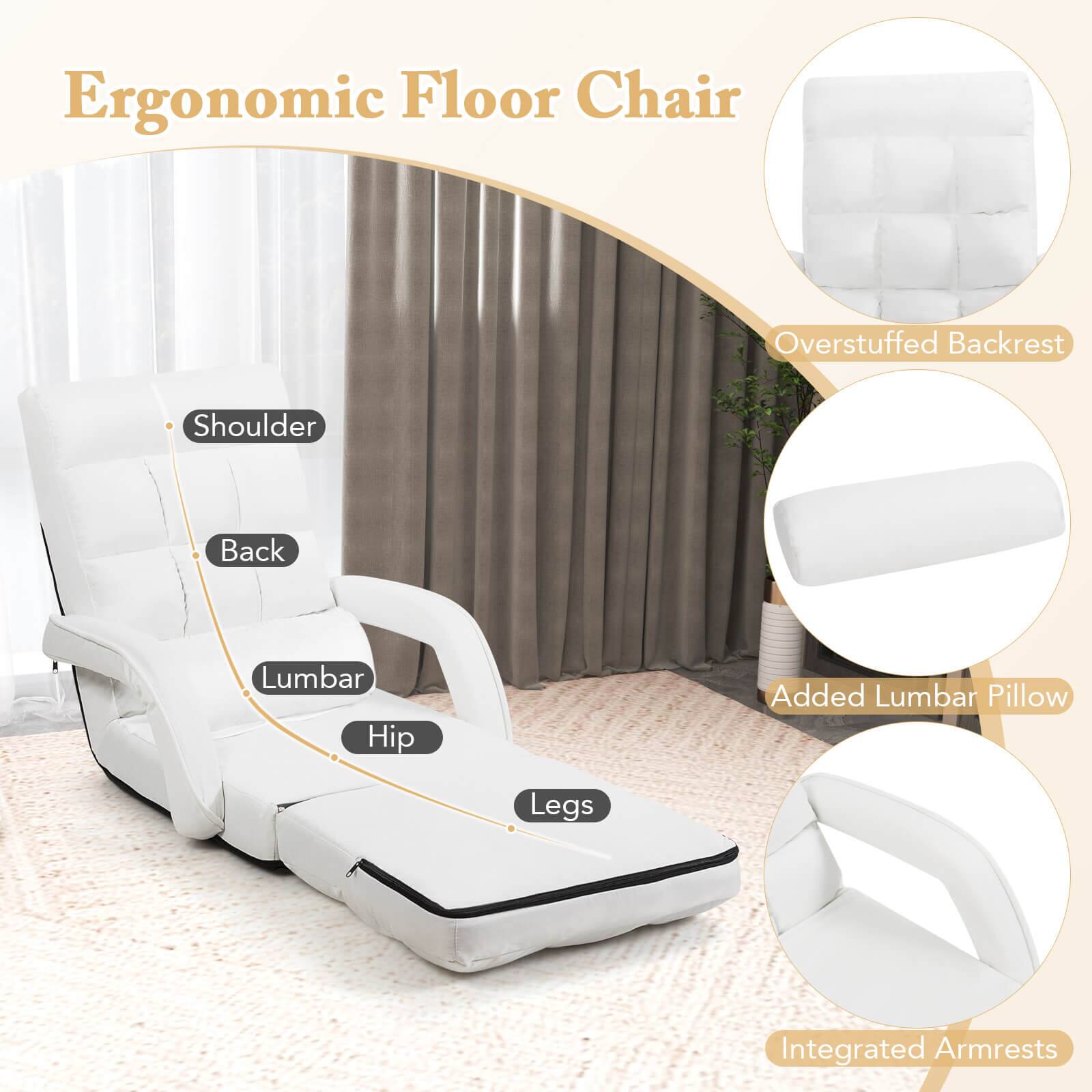 Ergonomic Floor Chair

- Overstuffed Backrest
- Added Lumbar Pillow
- Integrated Armrests

- Shoulder
- Back
- Lumbar
- Hip
- Legs
